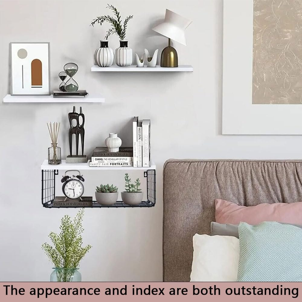 Wall Mounted Bathroom Shelf over Toilet with Storage Basket White Floating Shelves for Bathroom Kitchen Bedroom image number 3