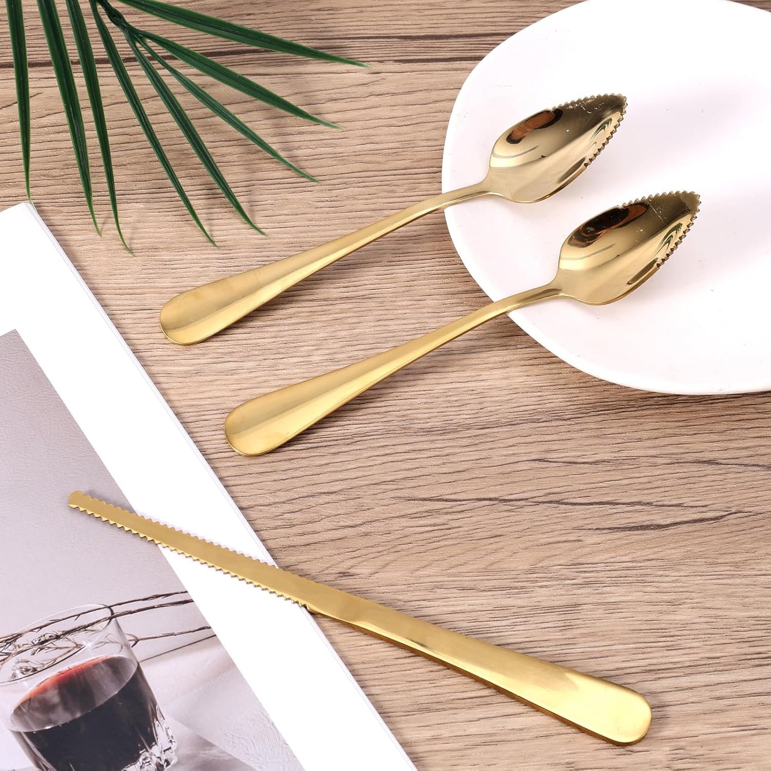 3Pcs Grapefruit Spoons and Knife Set with Serrated Edge, Stainless Steel Grapefruit Curved Serving Utensils for Citrus Lemon Kiwi Melon Lime Apple Puree Pitaya Fruit Eating Tool (Gold) - Colorful image number 5