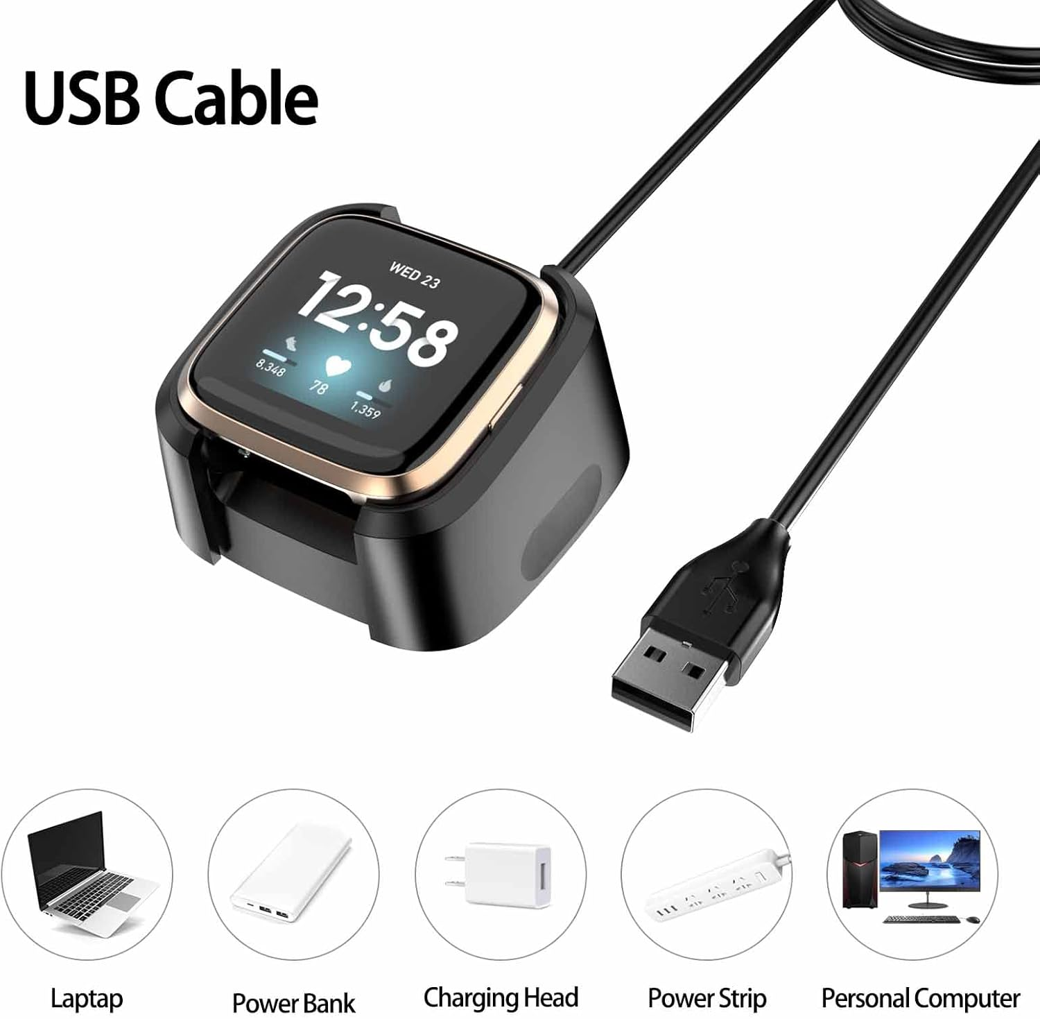 96CM Long Magnetic Charger for Fitbit Versa 2 Charger Only, 96Cm/3.3Ft Cord USB Charging Cable Dock for Fitbit Versa 2 Smartwatch Accessories image number 3