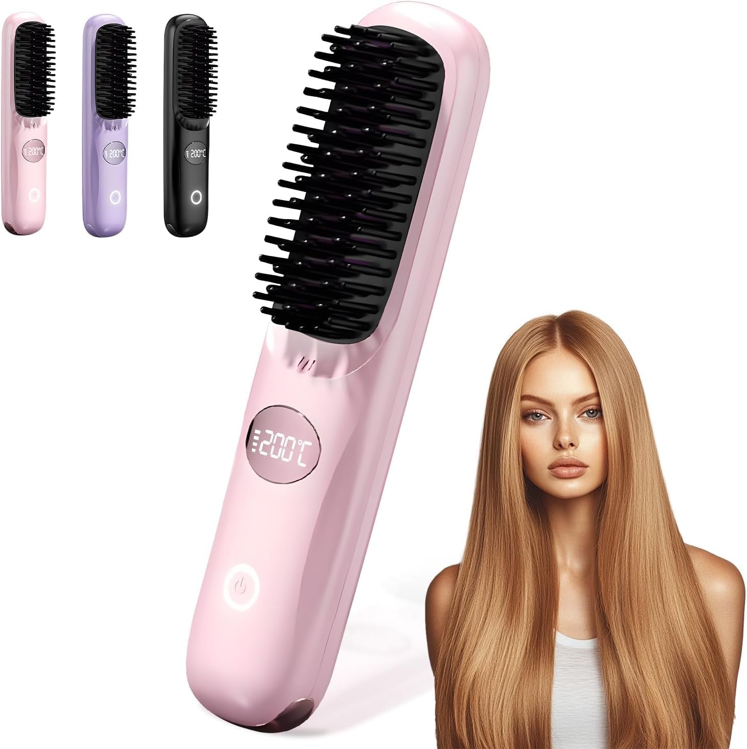 Hair Straightener Brush Cordless, Mini Hair Straightening Brush with USB Rechargeable, LED Display, Fast Heating, Portable Heating Brush for Travel, Mini Hot Ionic Straightener Comb for Women, Pink
