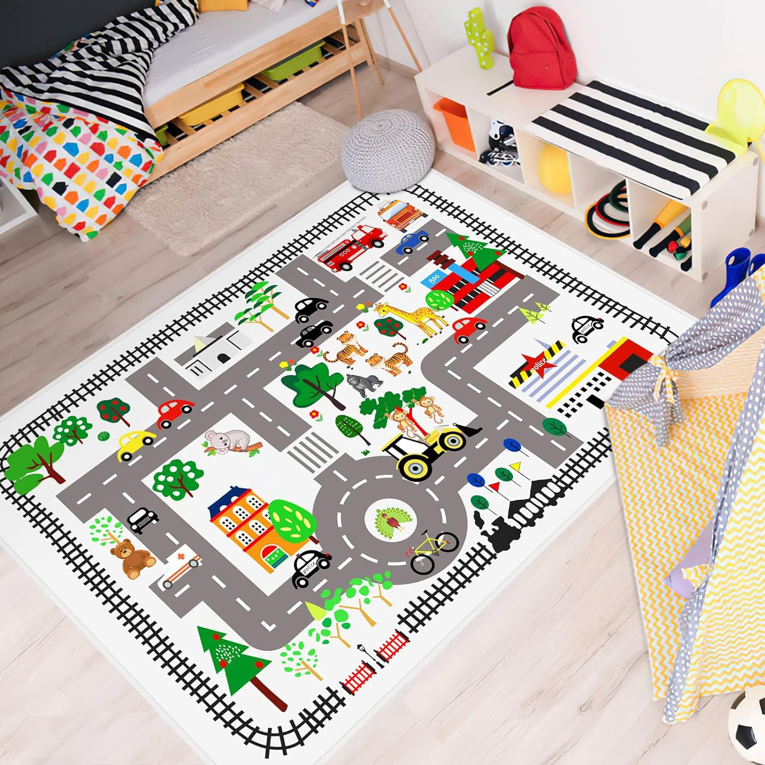 Play Mat Kids Rug Carpet Playmat Extra Large Learn Have Fun Safe Road Traffic System Multi Color Study Activity Centerpiece Play Mat for Playing with Cars for Bedroom Playroom (Road Traffic System 04) - Road Traffic System 04 image number 6