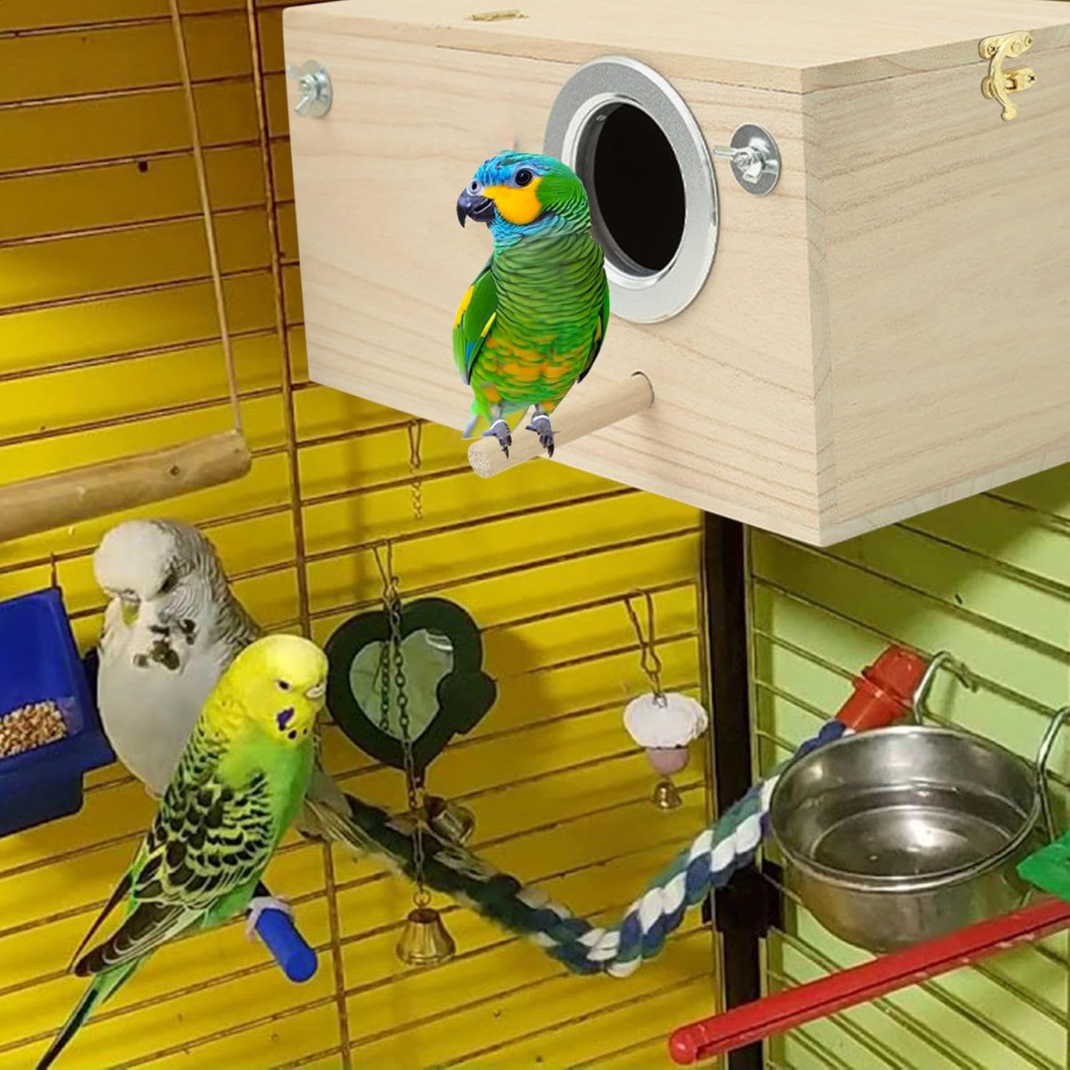 Budgie Nesting Box - Bird Nest Box for Budgie | Wooden Nesting Breeding House | Nesting Boxes for Birds with Perch Stand, Bird Cage Mating Box for Budgie Finch Cockatiel Conure image number 4