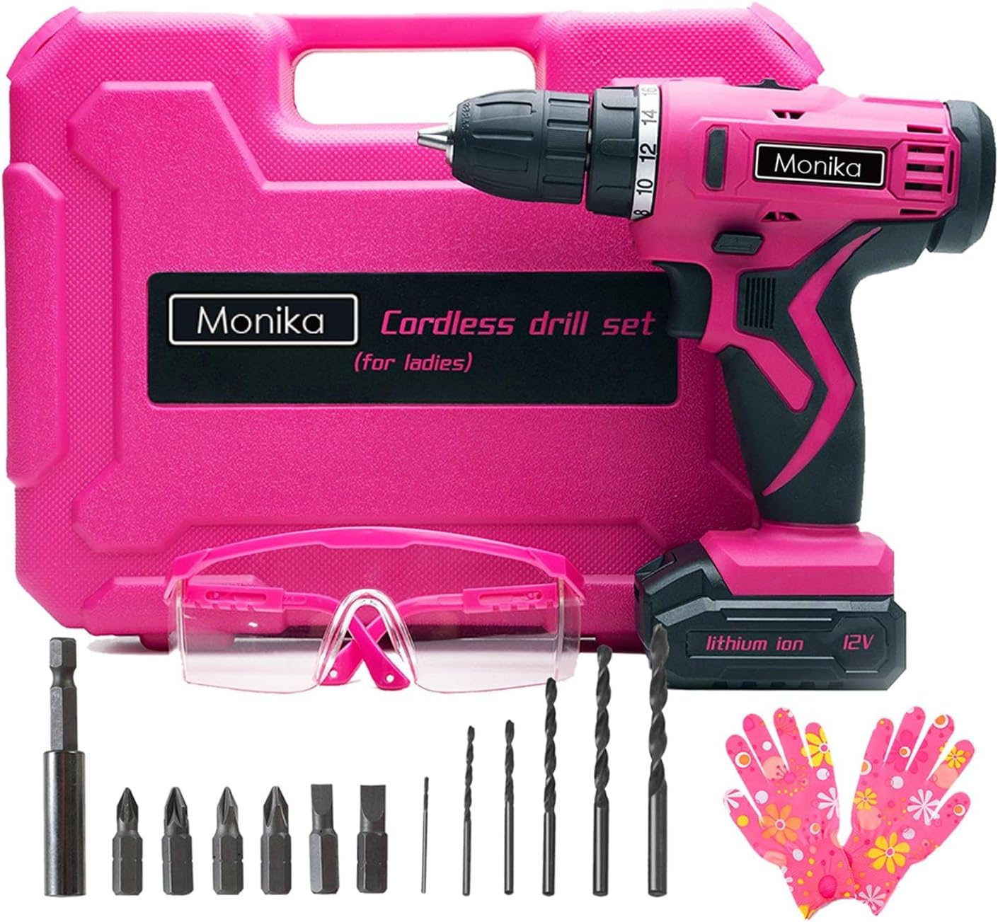 Monika 12V Pink Lithium Cordless Drill Bit Set Kits Screw Bits Sockets 18+1 Torque Setting, LED Light, Electric Power Drill Driver for Home, Office DIY and Wall Drilling, Wood, Metal W/Battery