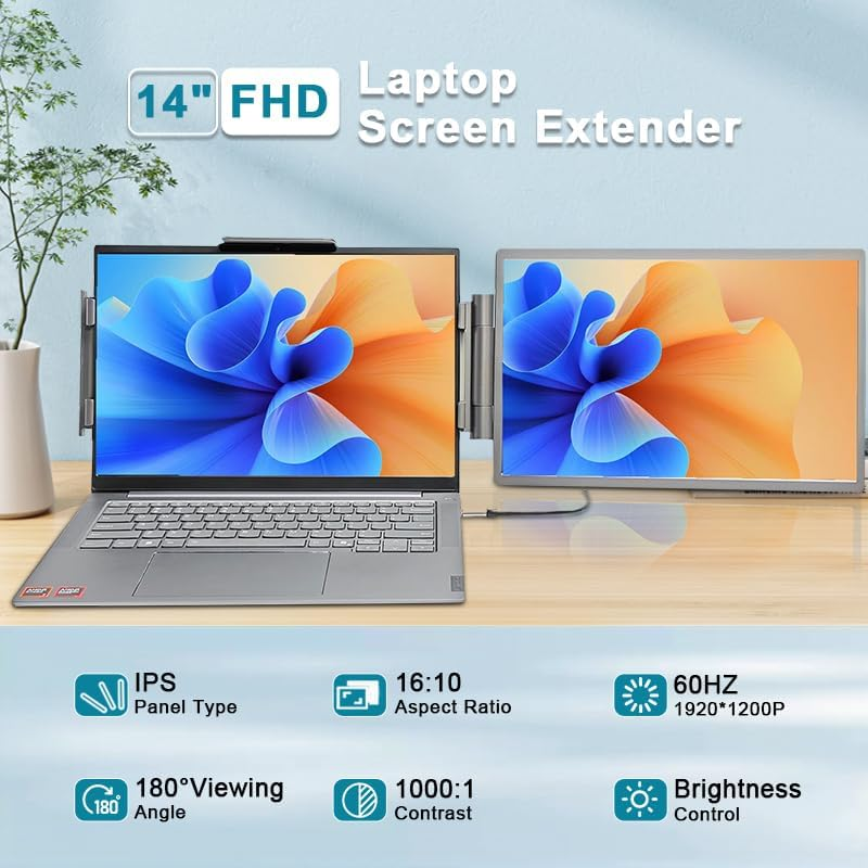 AILRINNI Laptop Screen Extender, 14" FHD 1080P IPS Portable Monitor for Laptops, Type-C/Hdmi/Usb-A Plug & Play Laptop Monitor Extender for 13&rdquo;-17&rdquo;, Compatible with Windows, Mac, Chrome image number 2