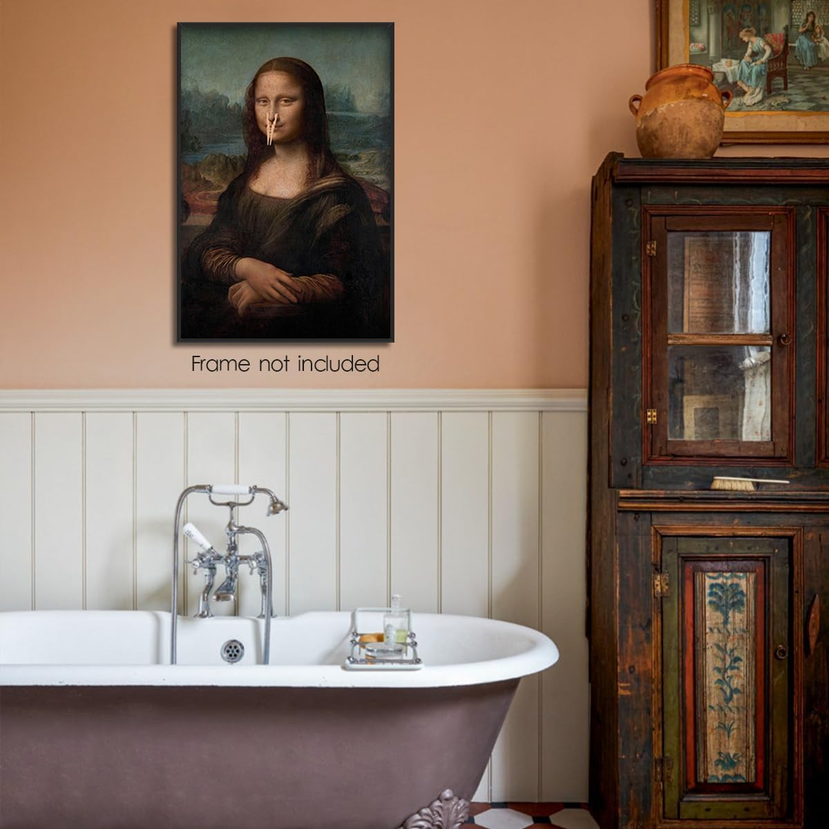 XMJJQQ Classical Mona Lisa Painting Bathroom Canvas Wall Art, Vintage Funny Bathroom Poster, Humor Amusing Toilet Art Prints, Bath Girl Pinching Nose Funny Wall Decor 16X24In Unframed image number 7