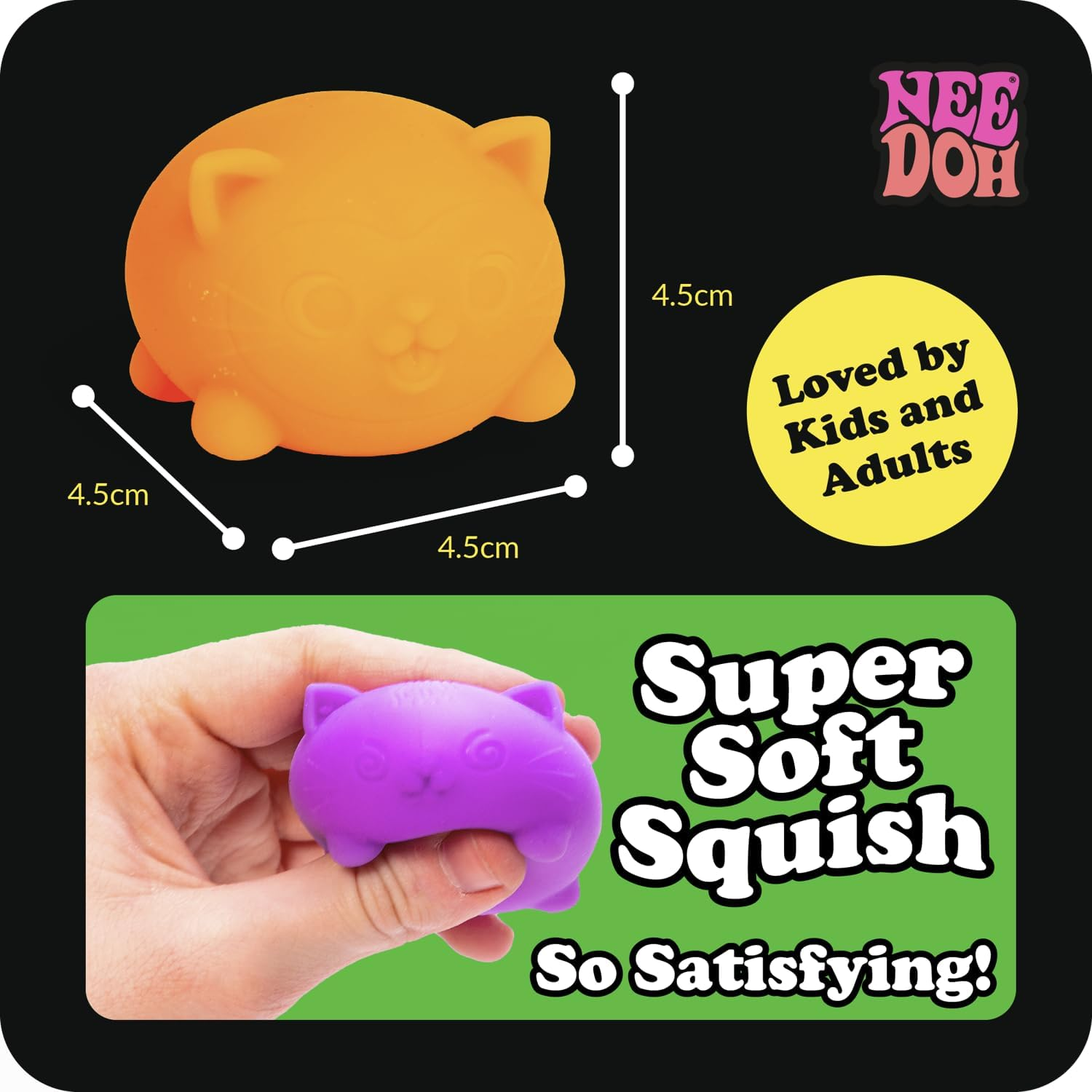 Needoh Cool Cats Teenie - Groovy Squishy Stress Toy, 3 Pack, Soft, Squeezable & Dough-Filled, Fun Sensory Fidget for Kids & Adults, Assorted Colours & Expressions,Ages 3+