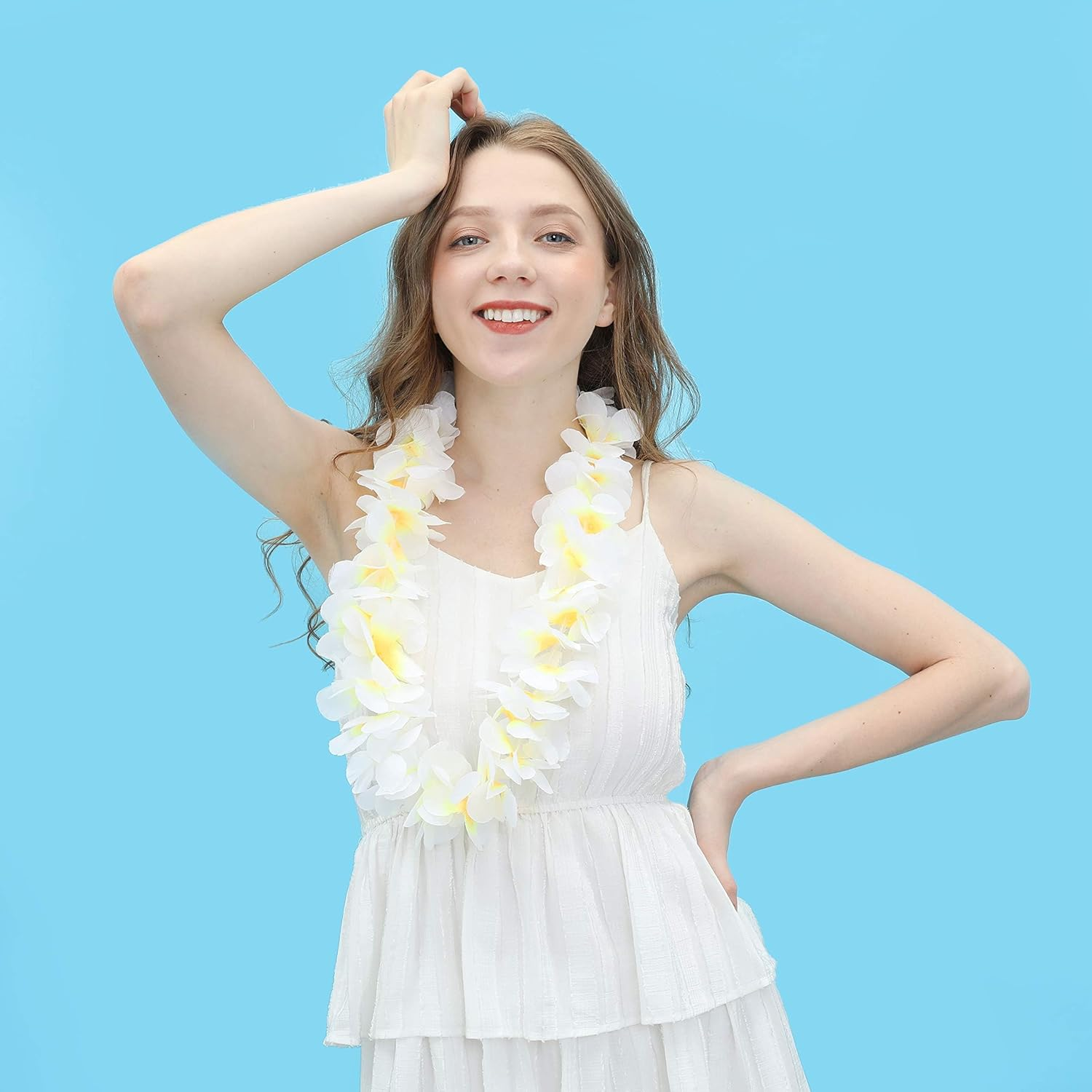 UNITOPS Pack of 6 Hawaiian Leis Necklace Tropical Luau Hawaii Wreaths Silk Flower Lei Thickened Dance Garland Flower Leis for Party Favor Hula Hawaiian Party Supplies (White, 6) image number 4