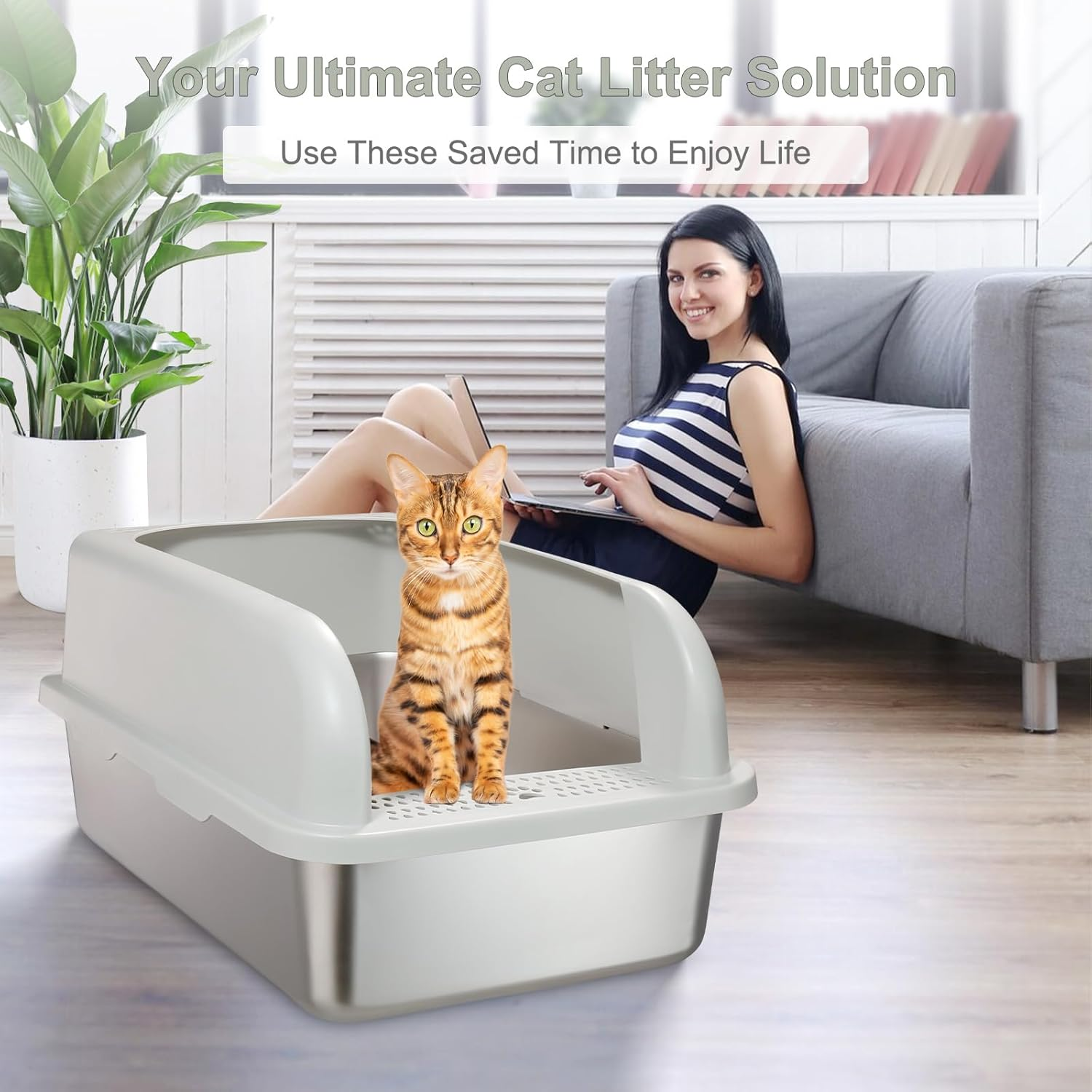 Upgraded Enclosed Stainless Steel Cat Litter Box, High Sided XXL Extra Large Litter Box for Big & Multiple Cats, Easy Cleaning High Wall Side Covered Litter Box with Scoop - Light Grey image number 6