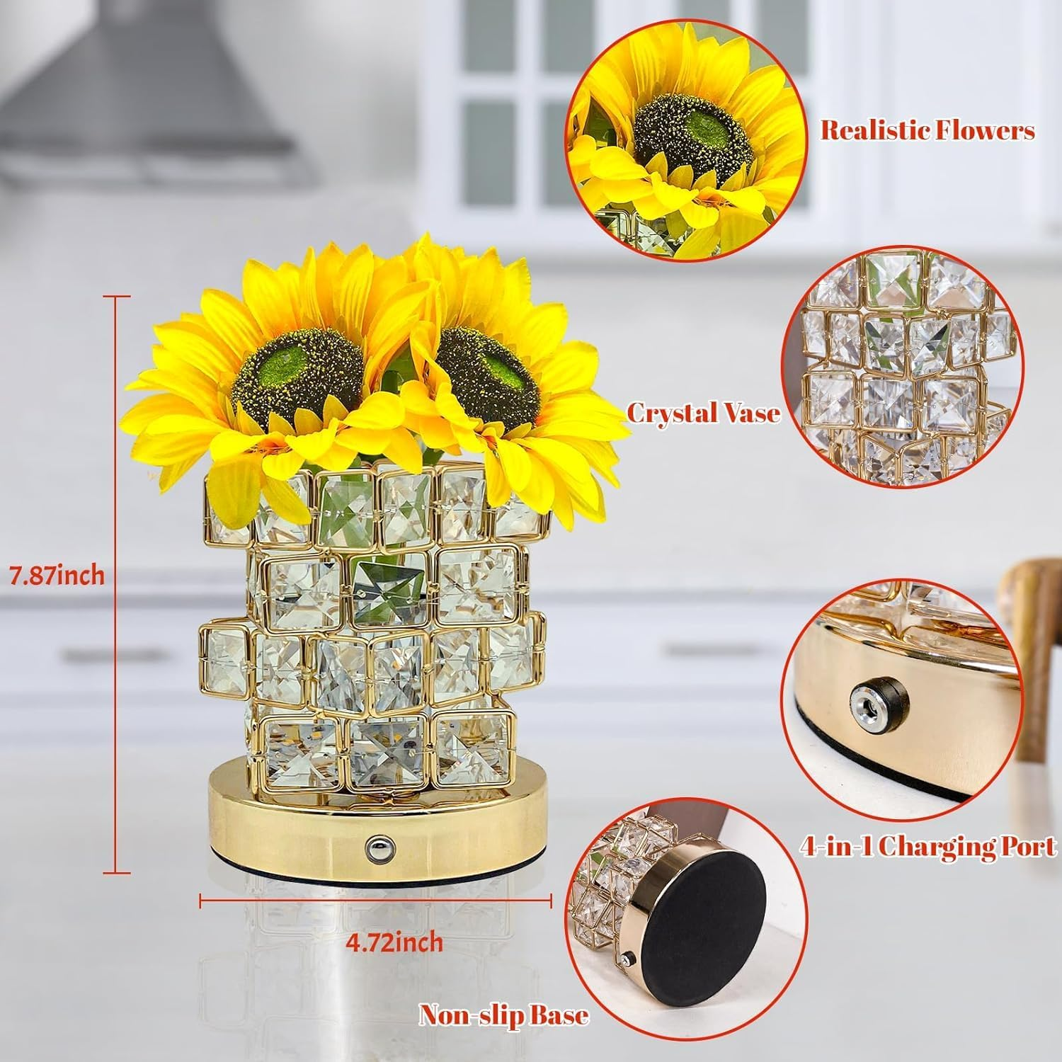 Sunflower Crystal Table Lamp, Dimmable LED Artificial Flower Lamp Touch Lamp with Cube Crystal Vase, USB Rechargeable Cordless Lamps for Bedroom, Living Room, Home Decoration image number 1