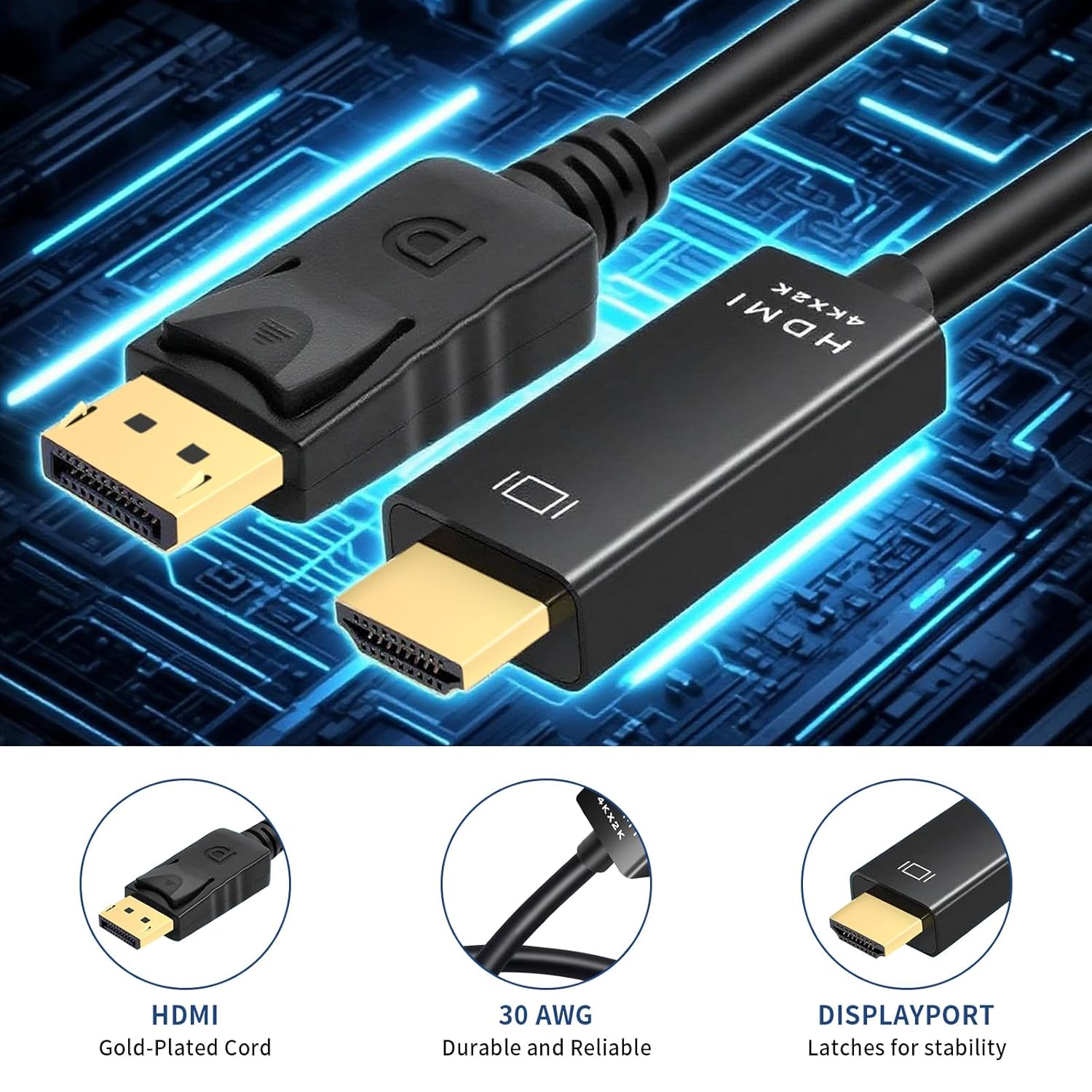 VANCLE for 4K Displayport to HDMI Cable, 1.8M Uni-Directional DP to HDMI Male Video 4K@30Hz/2K@60Hz, DP to HDTV Cord for Projector, Thinkpad, Dell, Monitor (Black, 1.8M) image number 4