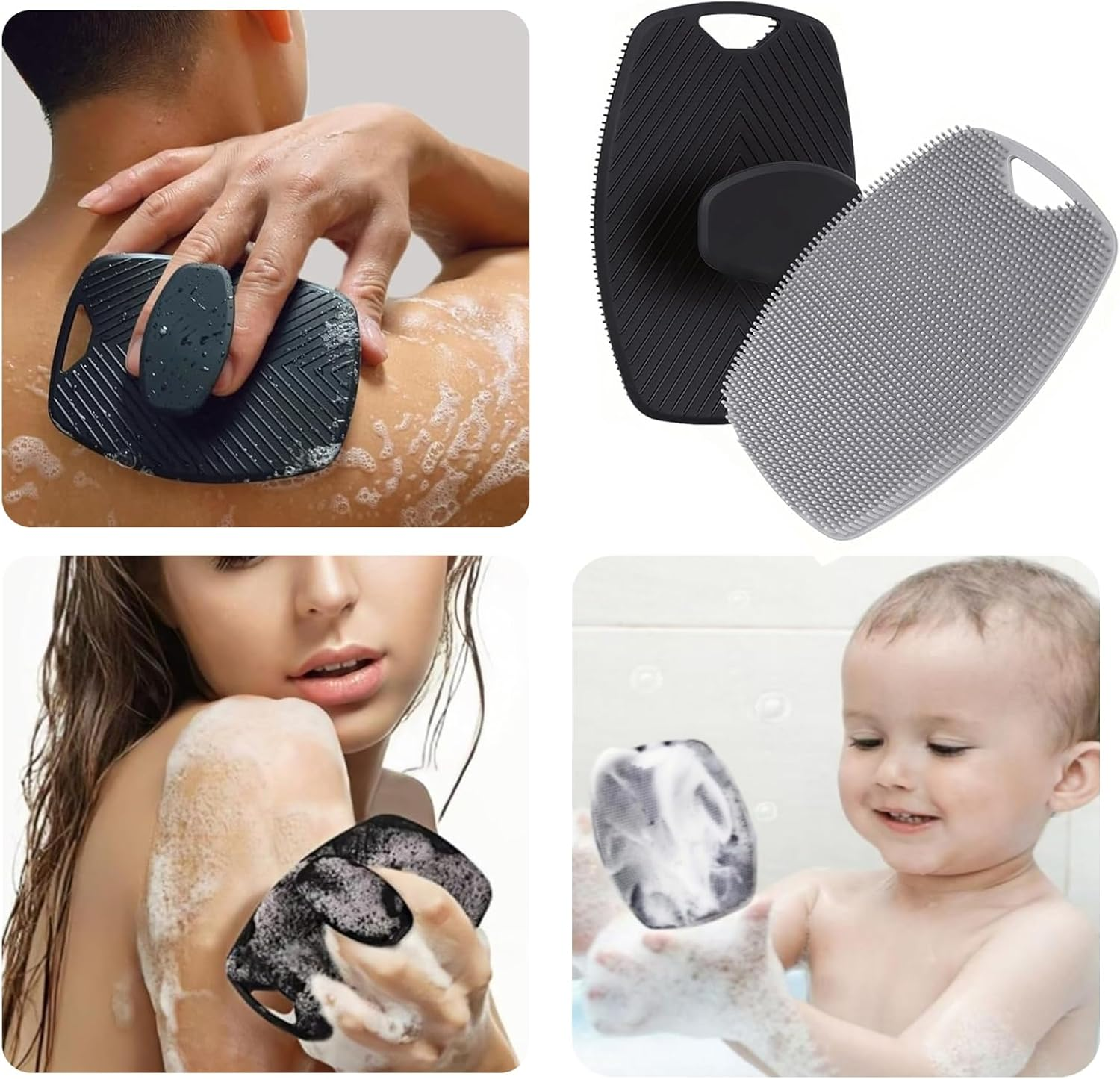 Silicone Body Scrubber Set, 2-Pack, Shower Exfoliating Brush with No-Slip Handle, Black image number 4