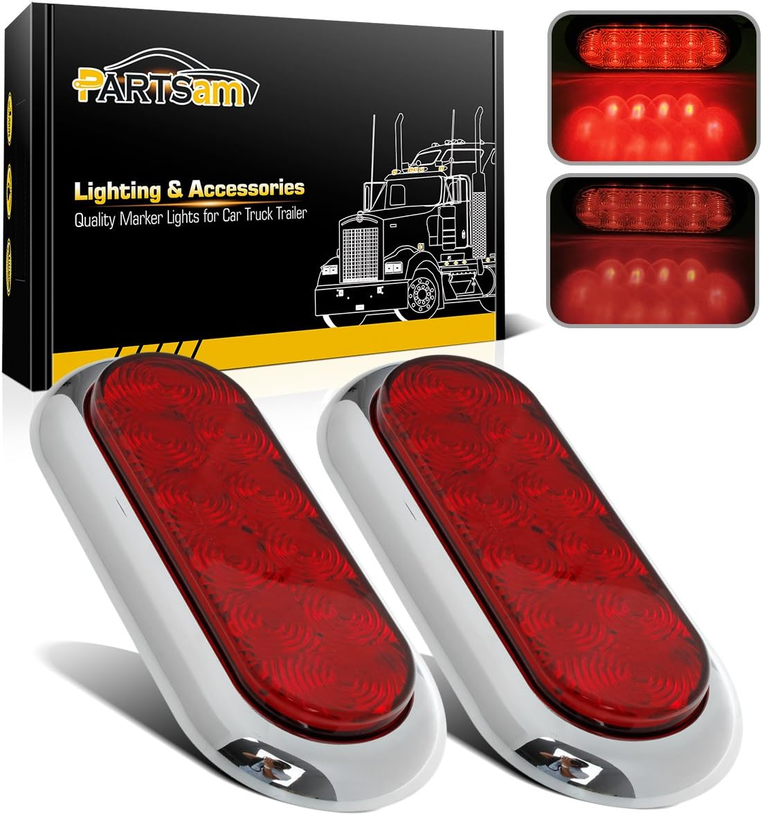 2PCS 6" Oval Chrome Trailer Truck Red 10 LED Surface Mount Stop Turn Tail Lights image number 1