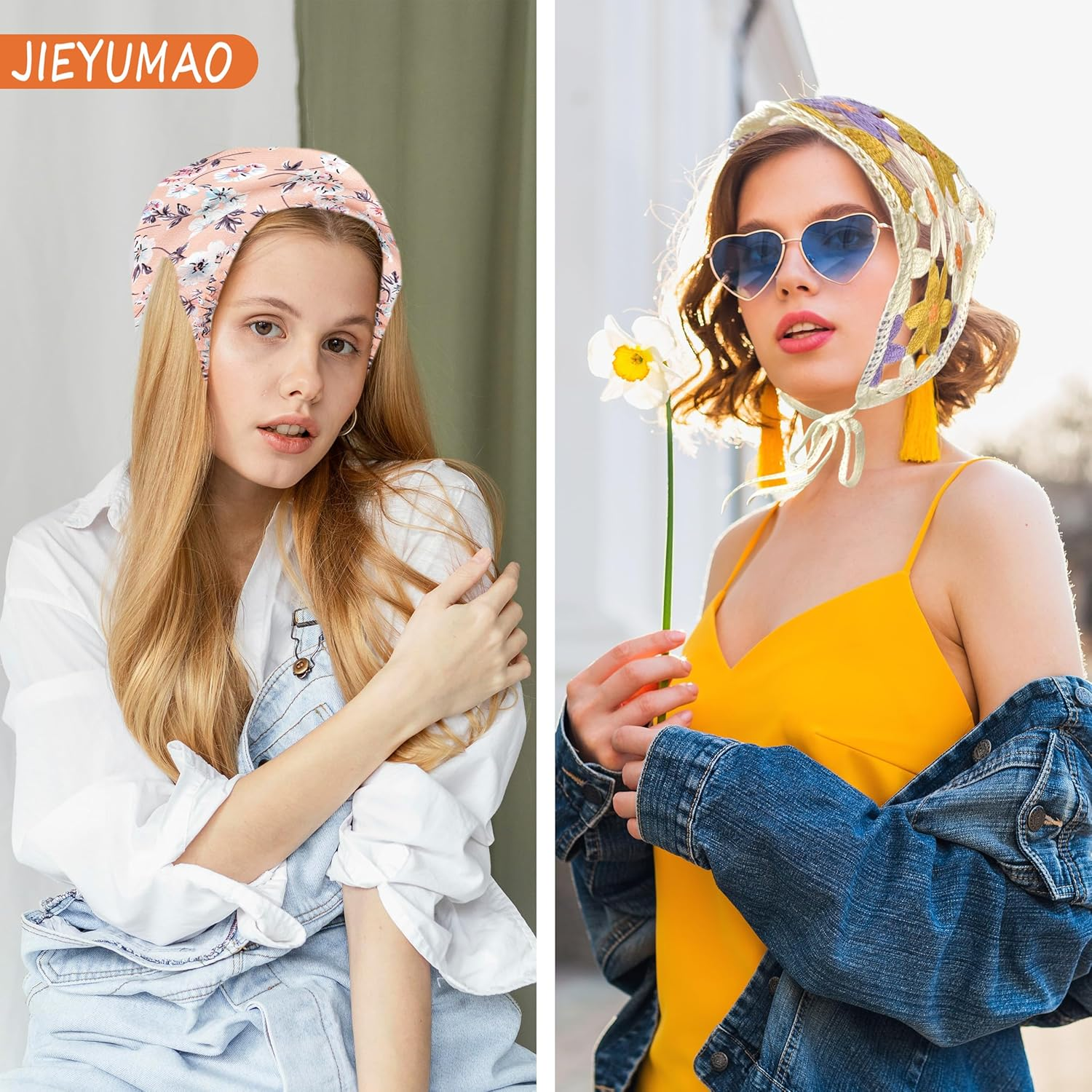 JIEYUMAO 4 Pcs Crochet Hair Bandana, 4 Styles Crochet Bandanas Headbands for Women, Fashion Knitted Headscarf Boho Head Kerchief Knitted Hair Scarf Floral Hairs Bandanas for Wedding Party image number 6