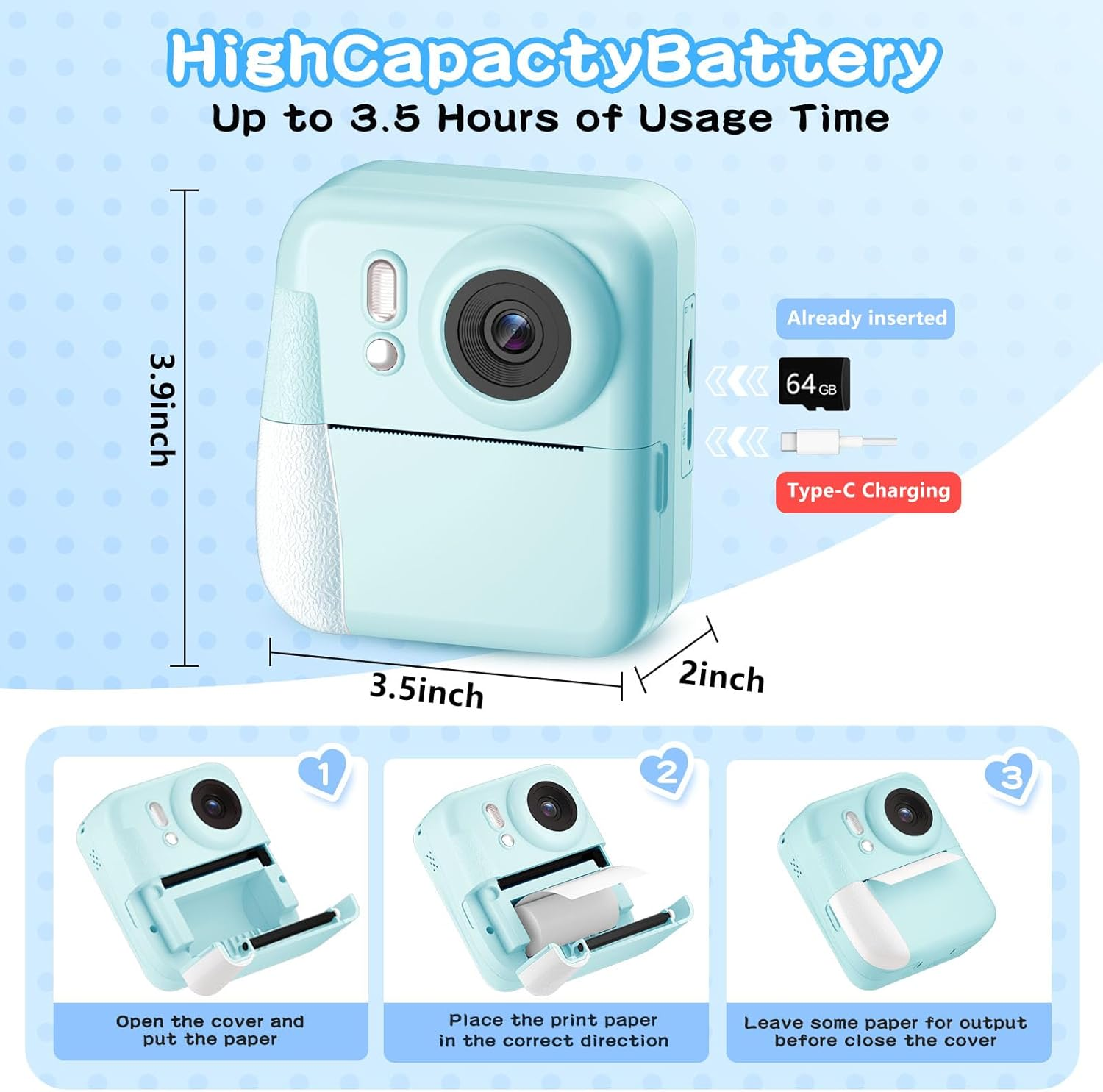 Kids Camera Instant Print Color Photos, Dual-Lens Instant Print Camera for Kids, Toddler Portable Travel Digital Camera Toy for 4 5 6 7 8 Year Old Boys Girls Christmas Birthday Gifts 64GB Card, Blue