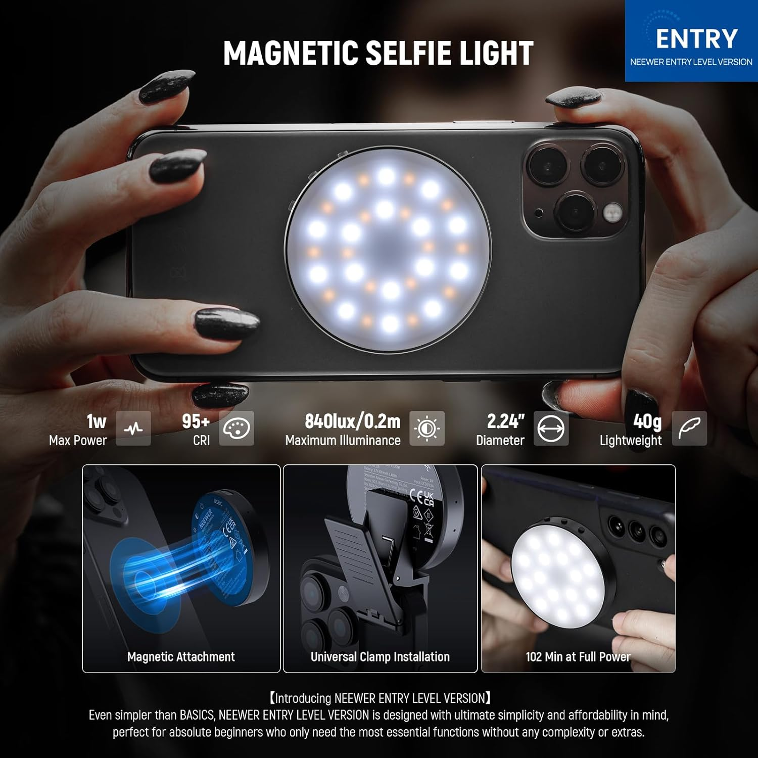 NEEWER Entry Level Version Magnetic Selfie Light Compatible with Magsafe Iphone, 1W Clip on Metal LED Phone Fill Ring Lighting for Laptop Video Conference Makeup Recording, CRI95+ 840Lux/0.2M, NL32R image number 1