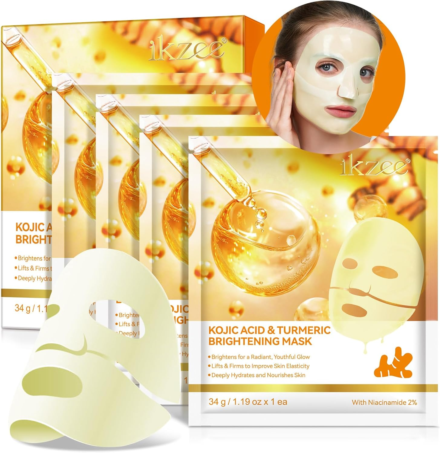 4PCS Kojic Acid & Turmeric Collagen Mask, Hydrating, Firming and Moisturizing, Pore Minimizing, Overnight Face Mask for Glass Glow Skin-Elasticity Improvement, Even Skin Tone image number 6