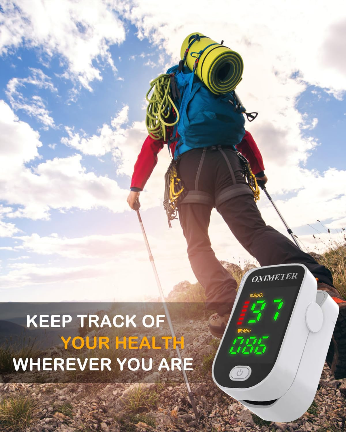 Fingertip Pulse Oximeter - Oxygen Meter Finger Pulse Oximeter - Blood Oxygen Saturation Monitor with Heart Rate and Fast Spo2 Reading, Pulse Ox with LED Screen, Lanyard (Not Include Batteries)