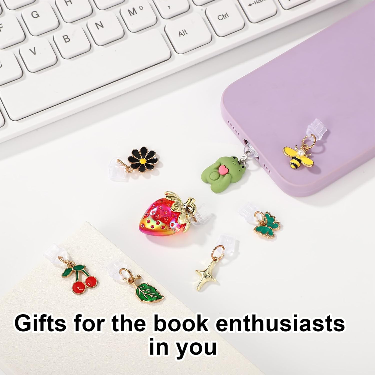 8Pcs Dust Plug Charm for Kindle, 8 Styles Premium Strawberry Frog Cherry Pendant Type C Anti-Dust Plugs Suitable for Kindle Charging Ports image number 6