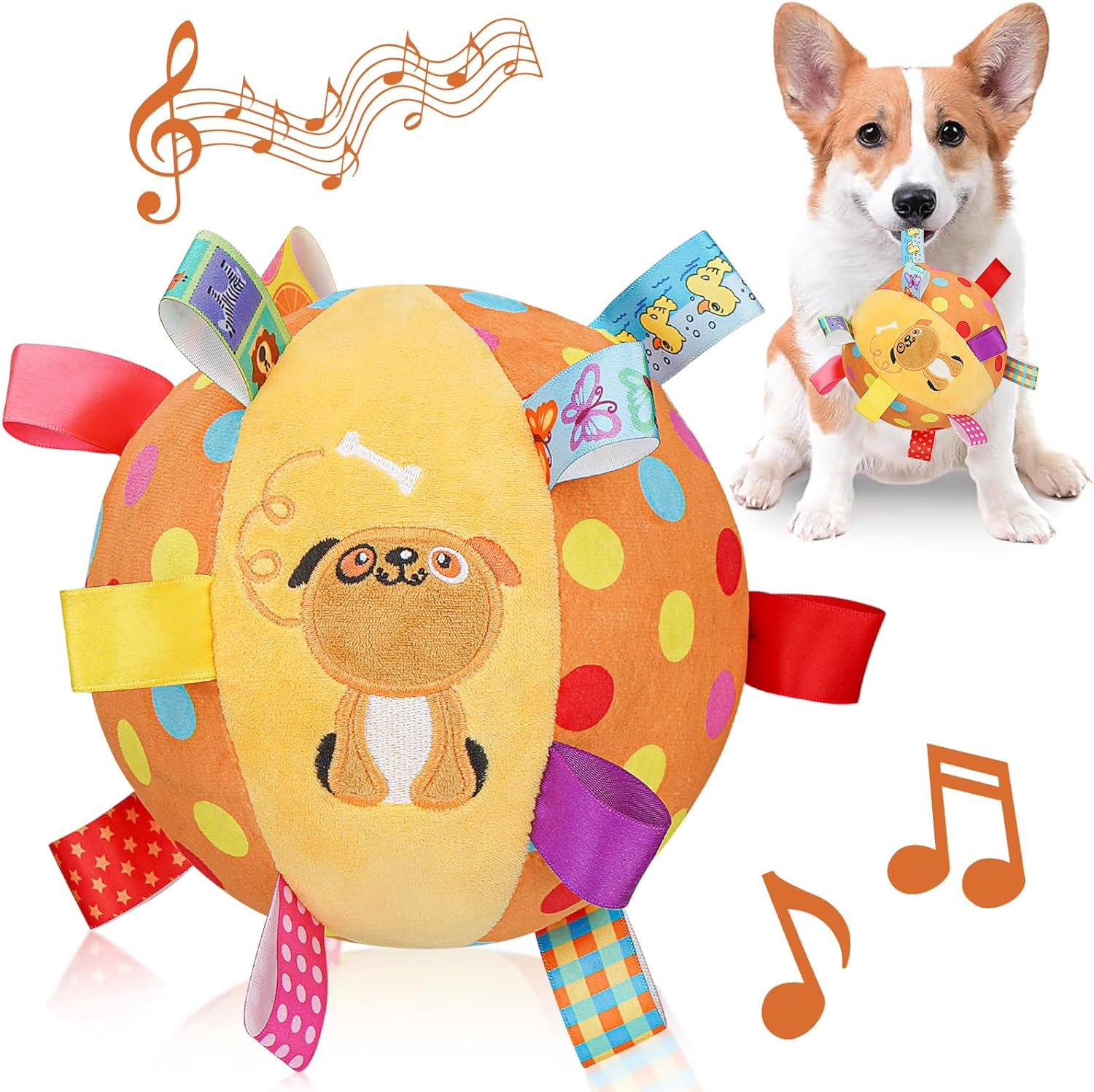 Dog Squeaky Plush Toy with Straps, 6-Inch Soft Stuffed Ball with Cotton Material and Bell Built-In, Pet Interactive Fetch Toy for Small to Large Dog