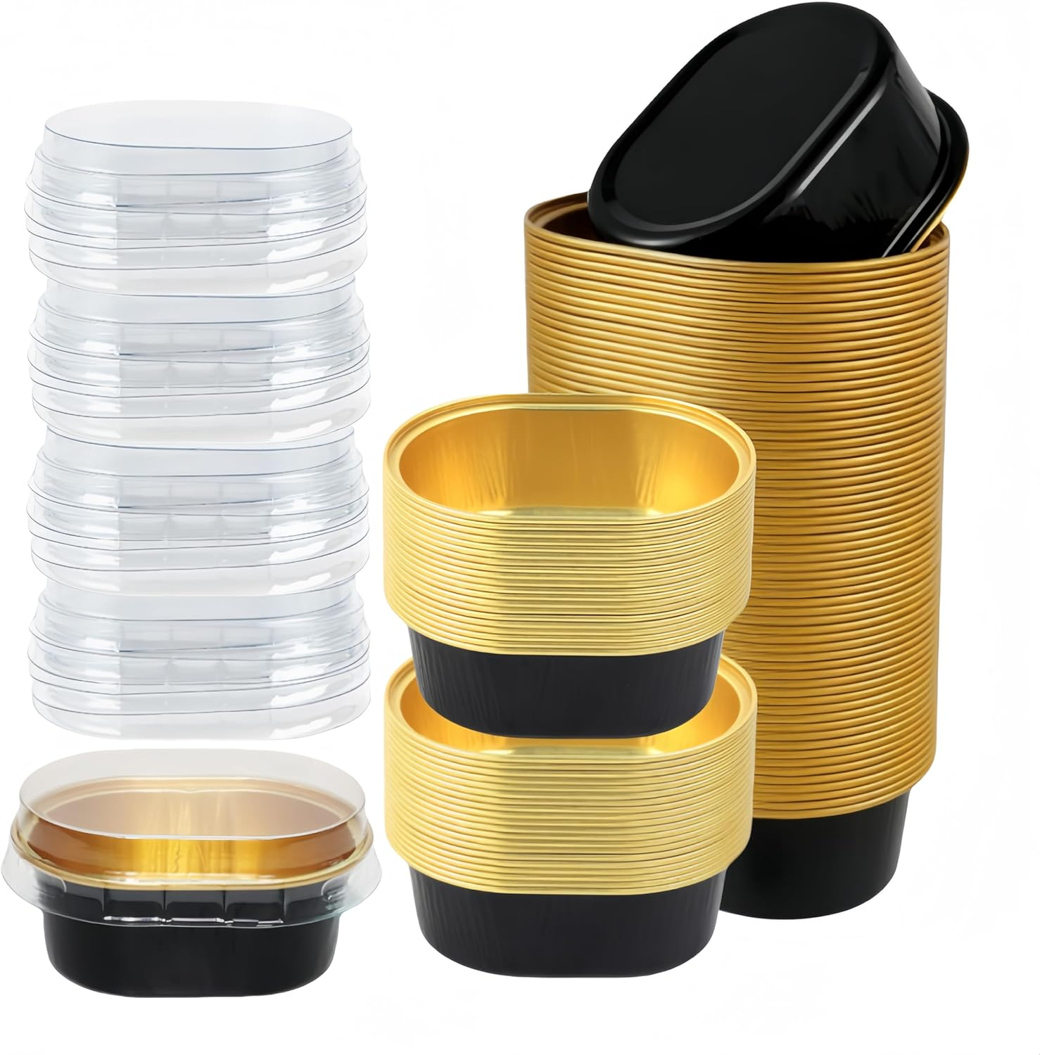 100Pcs Aluminum Foil Cupcake Cups with Lids, Ai-Oumleef Aluminum Foil Oval Cake Pans Cupcake Liners Heat-Resistant Foil Baking Cups Muffin Pan for Cake Cheesecake Pudding (Black Gold) image number 2