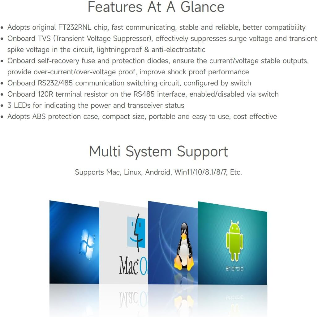 Waveshare USB to RS232/485 Serial Converter, Onboard Original FT232RNL Chip, Features More Stable Transmission, Suitable for Multiple Devices, Compatible with Mac/Linux/Android/Win11/10/8.1/8/7, Etc