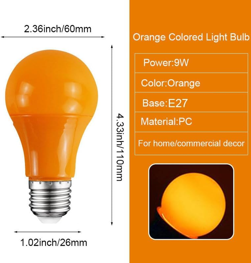 Porch Light Bulb,60 Watt Equivalent,9W A60 LED Bulbs for Halloween Christmas Party Bar Decoration and Home Lighting,Colored Light Bulb with E27 Base,Non-Dimmable,4 Pack (Orange) - Orange image number 2