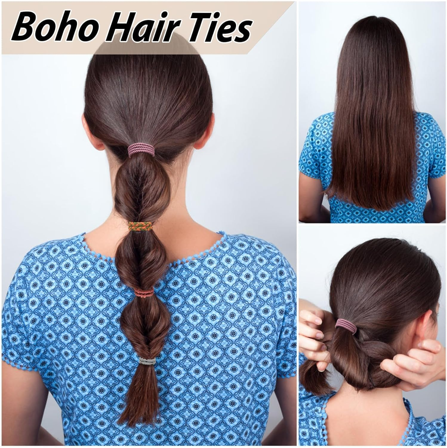 20 Pieces Boho Braided Ties for Girls, Boho Hair Scrunchie Bracelet, Hair Ties Set, Elastic Hair Bobbles for Girls for Thin, Long, Curly, Thick Hair or Pony Tails (10 Colors) image number 1