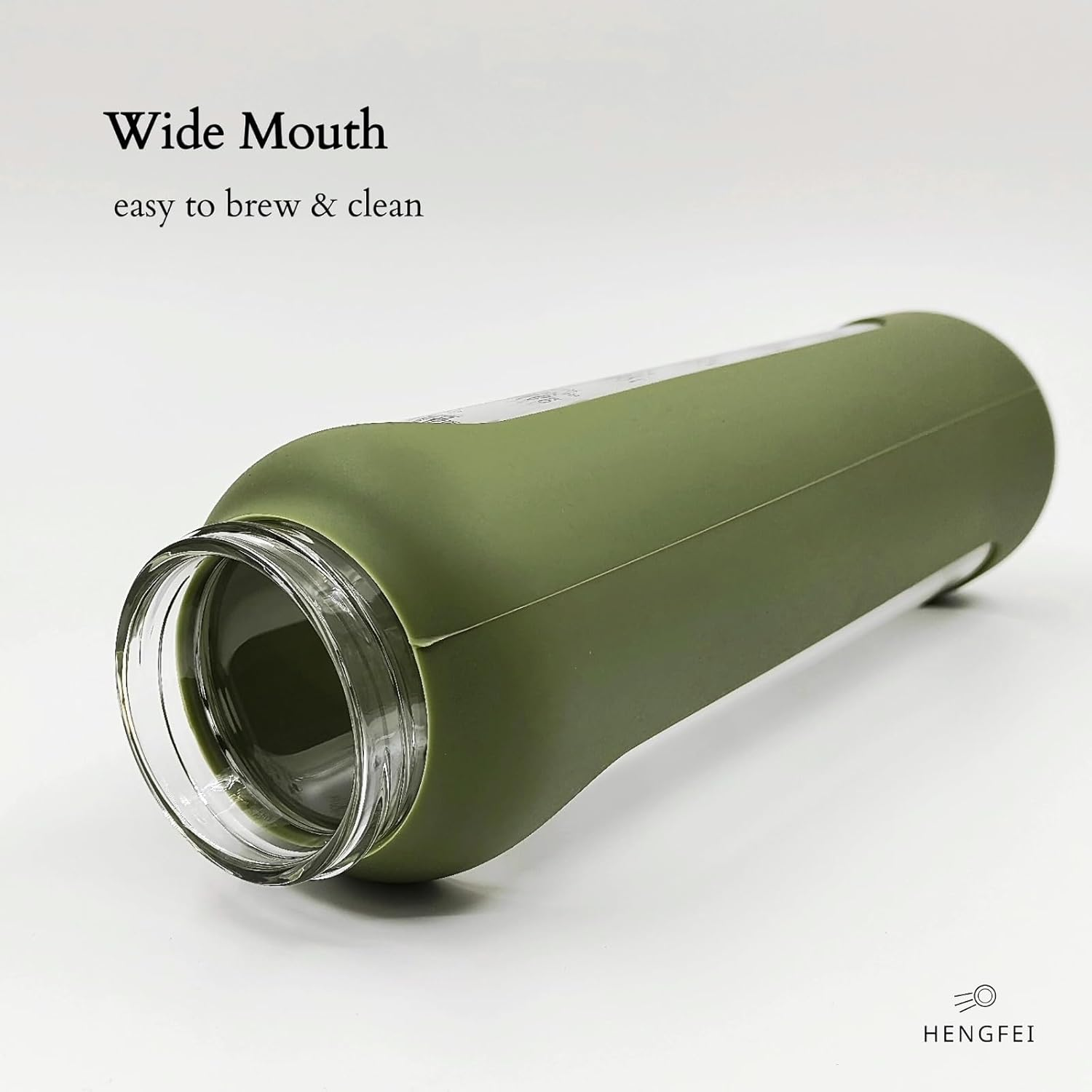 1Litre Glass Drink Bottle with Silicone Sleeve, Borosilicate Glass Water Bottle with Time Markings and Bamboo Lid, Wide Mouth (Army Green Silicone Sleeve, 1000Ml) - Black Silicone Sleeve image number 6