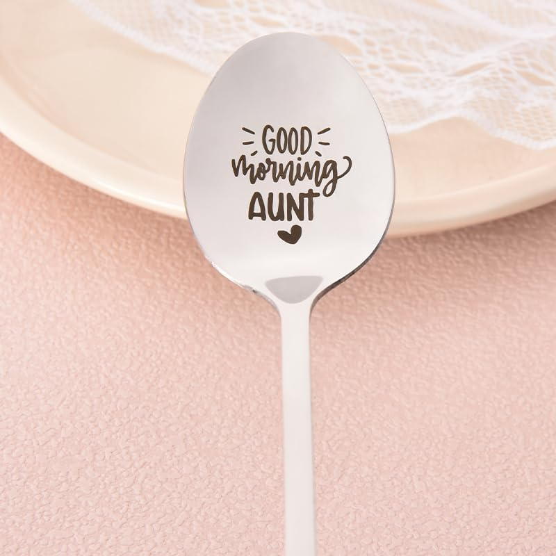 Good Morning Aunt Spoon for Women Aunt Auntie Mothers Day Gifts from Nephew Niece New Future Aunt Birthday Gifts for Auntie Aunty Tea Coffee Spoons for Her Ice-Cream Lovers Aunt Engraved Spoon image number 5