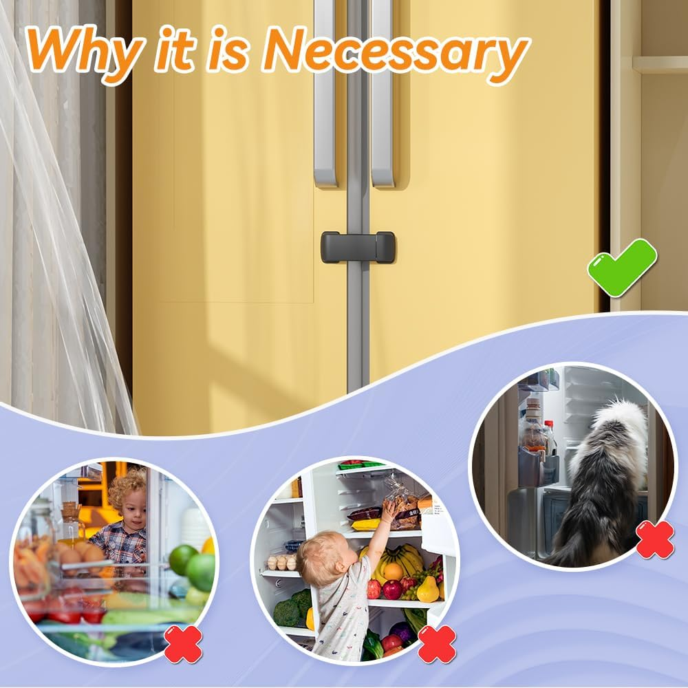 SAFELON 2 PCS Baby Safety French Fridge Door Lock, Childproof Double Door Refrigerator Lock, Cabinet Cupboard Lock for Toddlers & Babies, No Drilling& No Tools (Black) - White image number 4