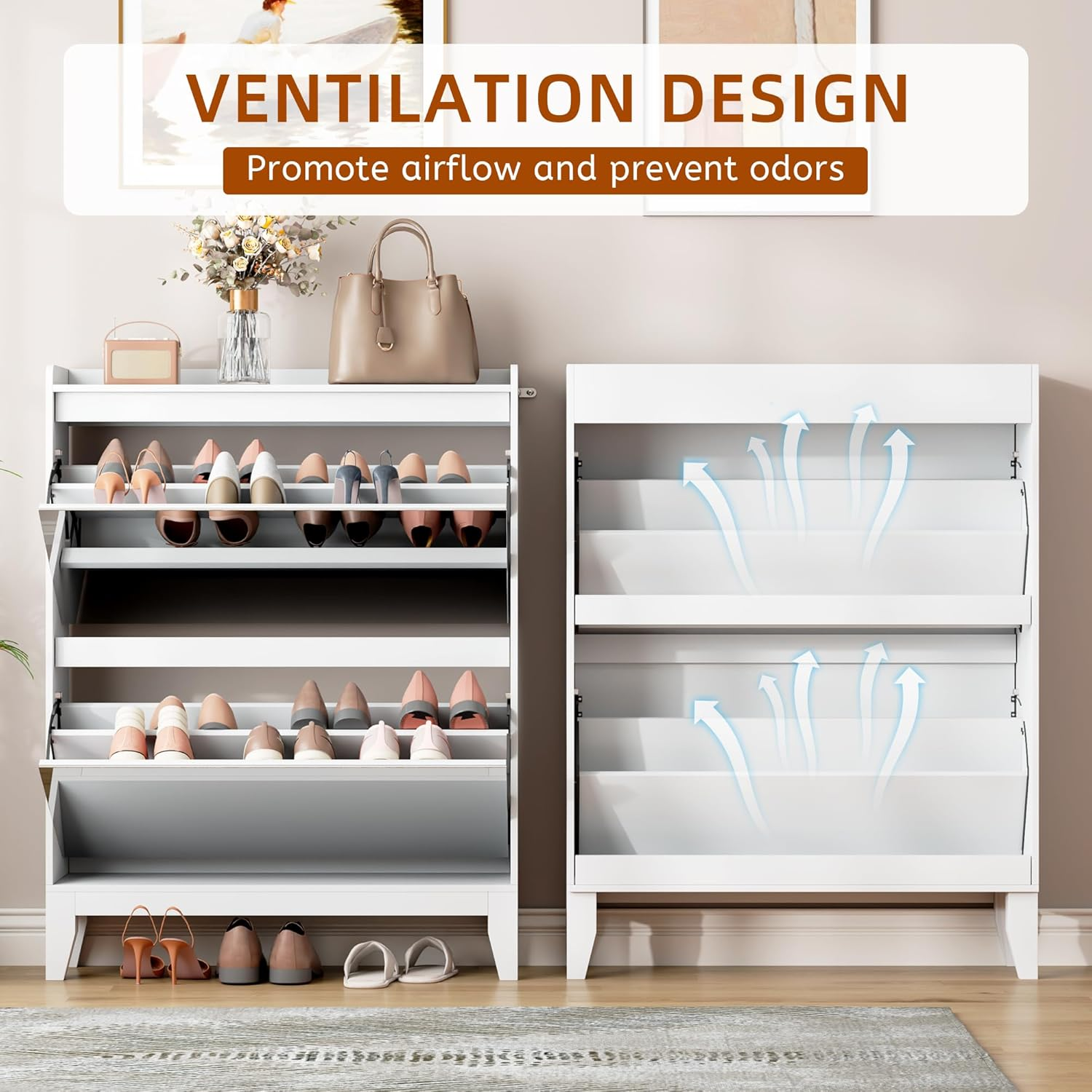 Dystler Shoe Cabinet with 2-Flip Mirror Drawers, Freestanding Shoe Rack Organizer with Legs, Slim Narrow Shoe Storage Cabinet for Entryway, Entrance, Hallway, Bedroom (White) image number 2