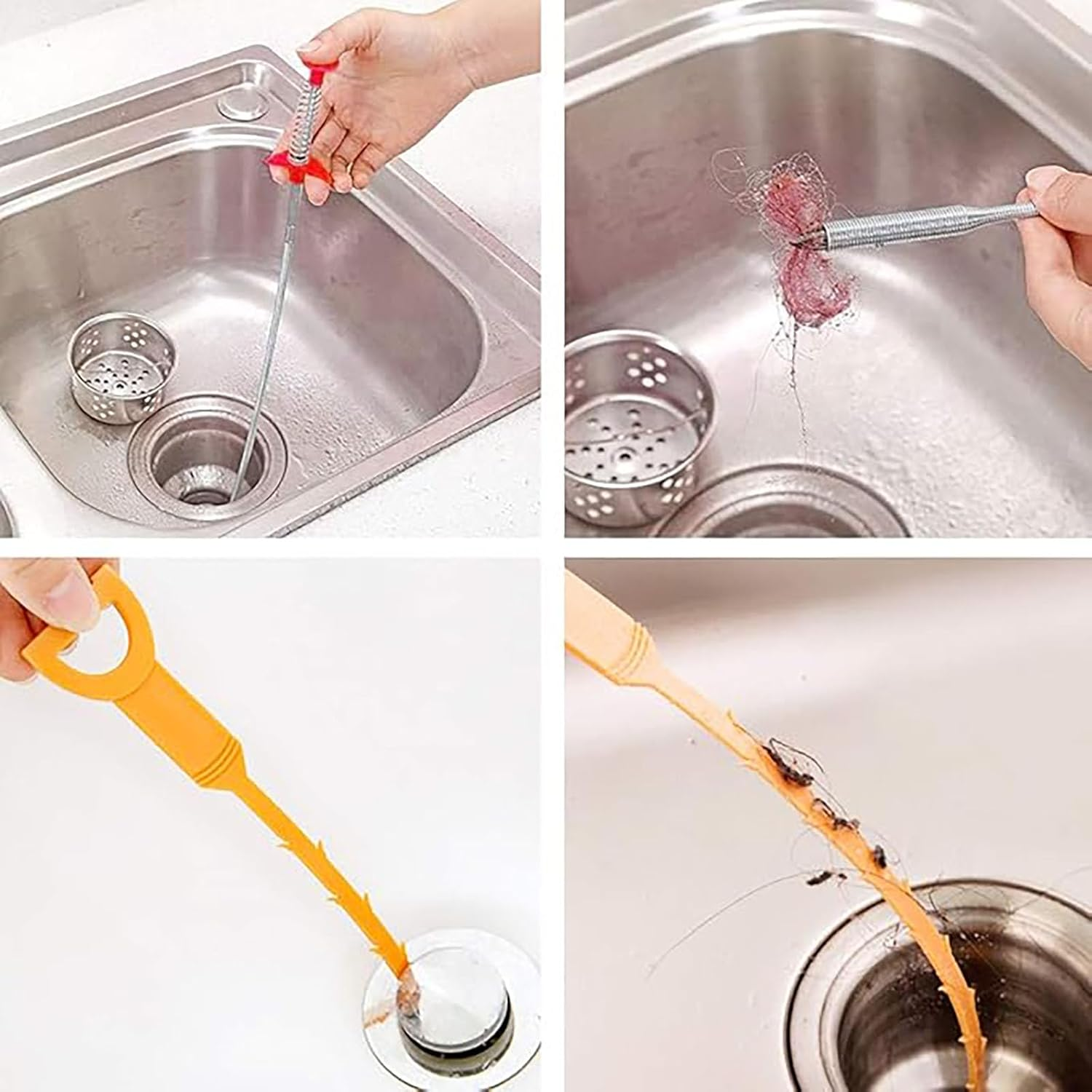 Professional Drain Clog Remover Kit (3+1) - 90CM Stainless Steel Claw & 3X51Cm Plastic Sink Uncloggers | Multi-Surface Hair Clog Tool for Bathroom, Kitchen, Tub & Toilet (Orange) image number 4