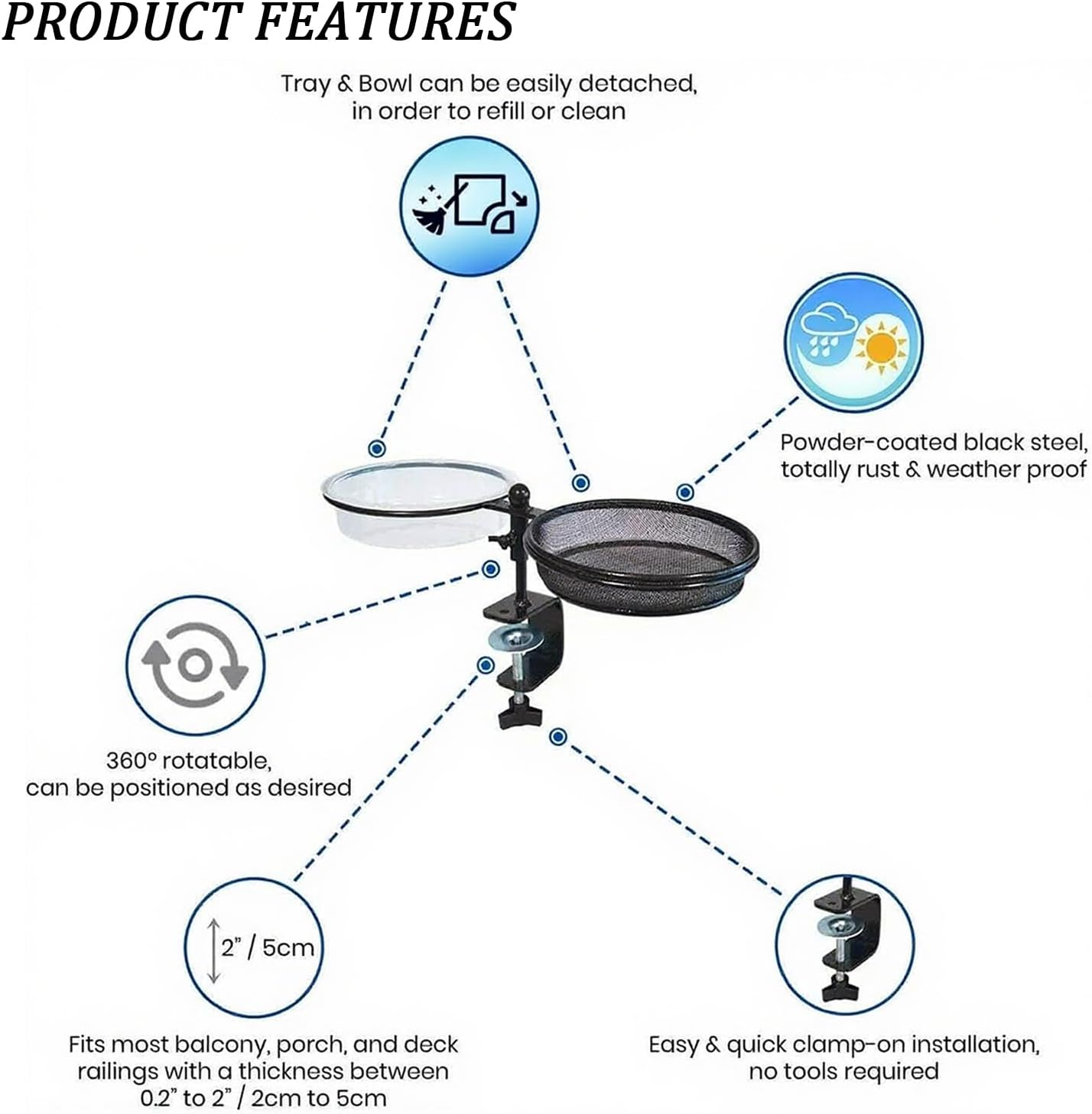 Xinghonyac Deck Bird Feeder, 2 in 1 Wild Bird Bath & Water Food Container Station, Detachable Platform Bird Feeder with Metal Mesh Tray and Water Bowl for Garden, Yard, Balcony, Outdoor Deck image number 6