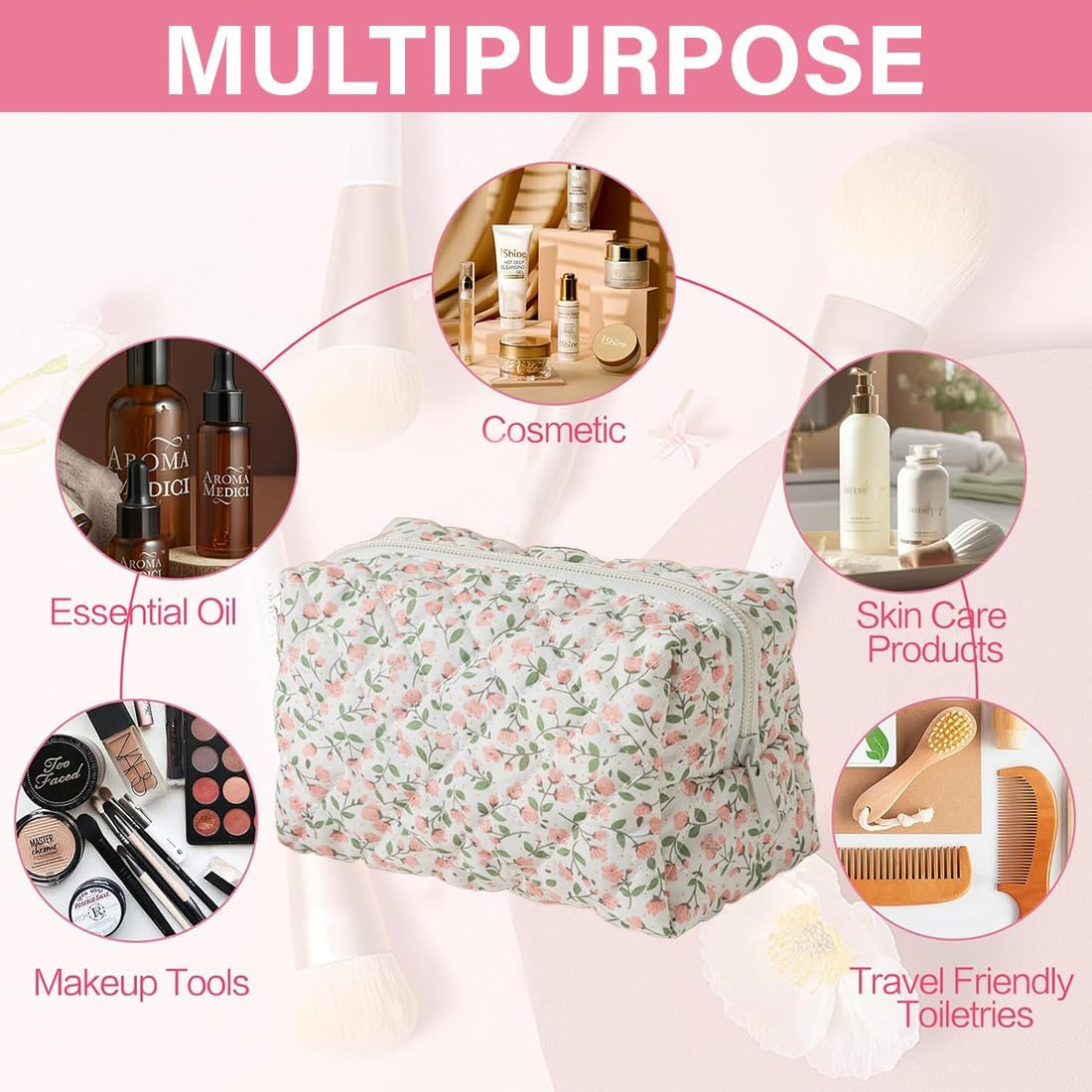 CATOR Flower Cosmetic Bag, Small, Portable Toiletry Bag, Make up Bag, Multifunctional Makeup Bag Organiser for Travel, for Women and Girls (B) image number 4