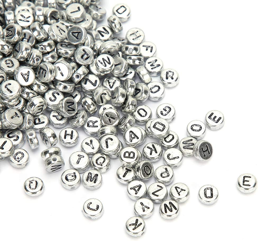Folany 500Pcs Silver Acrylic round Letter Beads, A-Z Alphabet, Plastic, 4X7Mm, DIY Craft image number 6