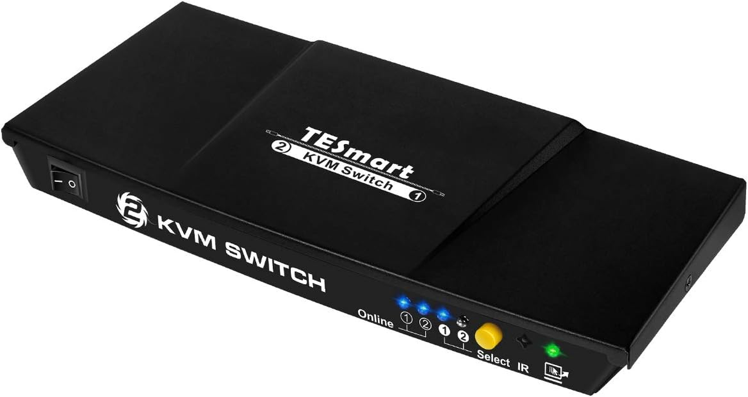 Tesmart HDMI KVM Switch 2 Ports 4K30Hz, KVM Switcher 2 Pcs 1 Monitor with EDID Emulators, Supports USB 2.0 |L/R Out Audio, Hotkey Switch, Button Switch with Remote Switch and 2X1.5M KVM Cables image number 1