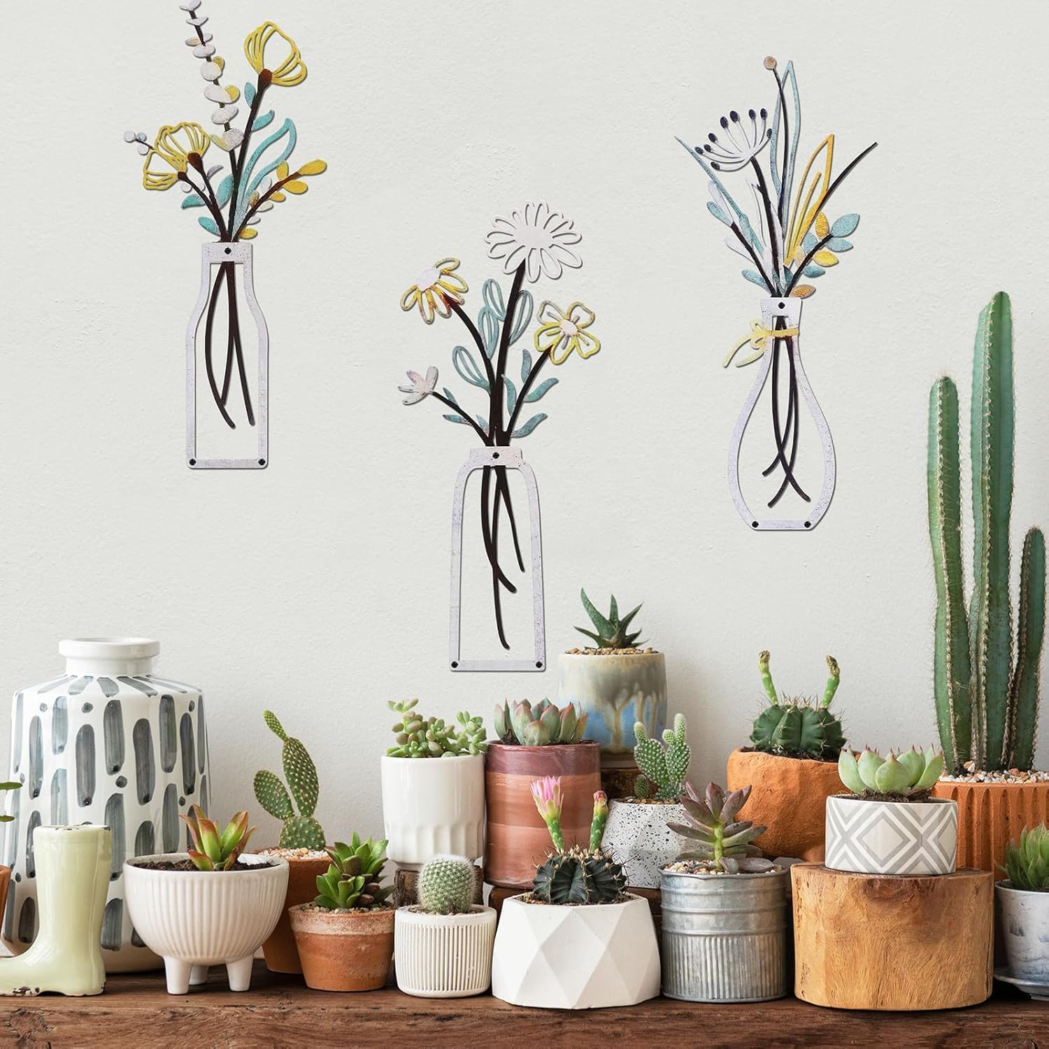 3 Pack Metal Flower Wall Art - Minimalist Beige Farmhouse Decor for Living Room, Bedroom, Bathroom & Dining Room | Housewarming Gift - Black image number 4