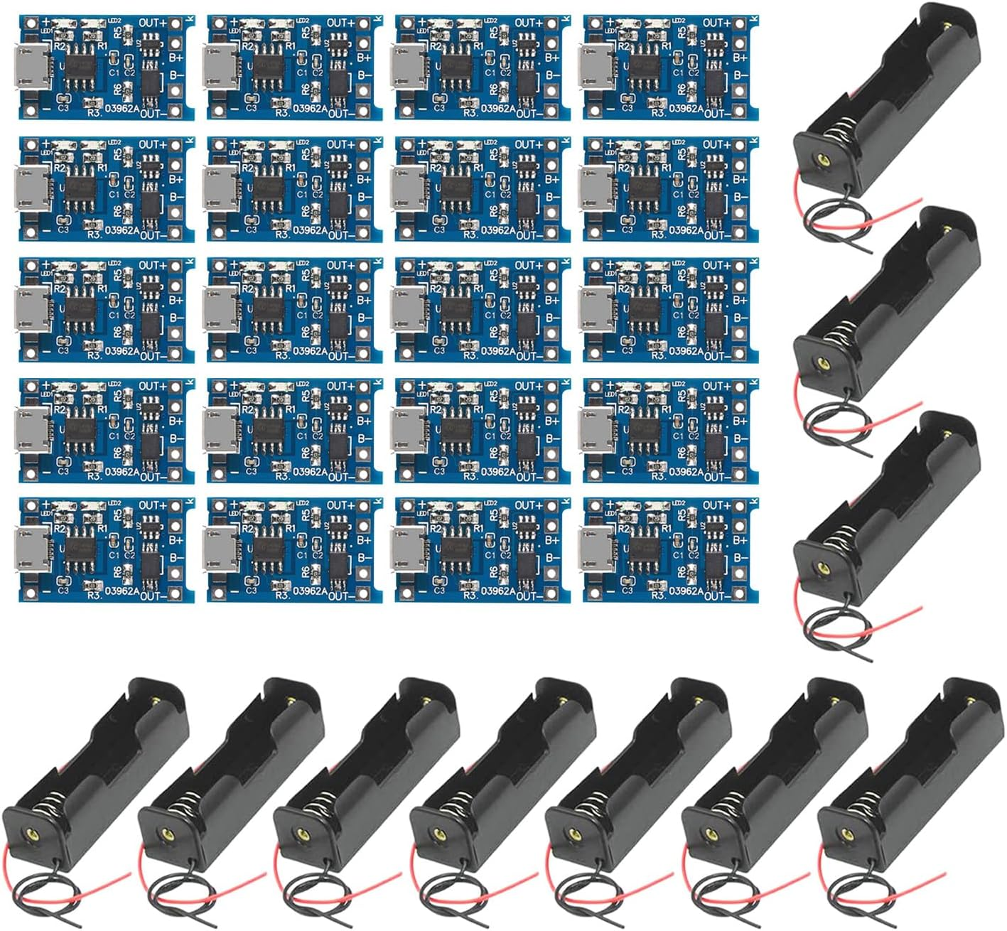 GTIWUNG Pack of 10 5V 1A USB Battery Charger Module Micro USB 5V 1A Charge Controller Lithium Li-Ion Battery Charger Lithium Charging Module + 6 Pieces 3.7 V 18650 Battery Holder with Wire Leads,