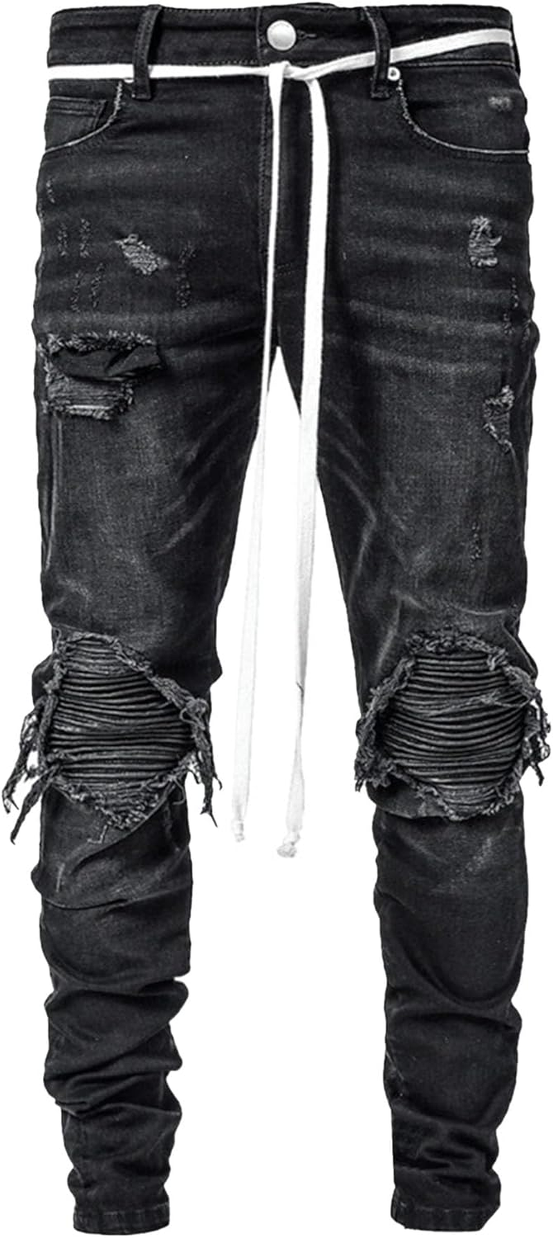 Zylphorix Men Drawstring Stretch Jeans with Holes Casual Elastic Ripped Skinny Denim Pant Y2K 90S Mid Waist Pencil Trouser, Black, Small image number 1