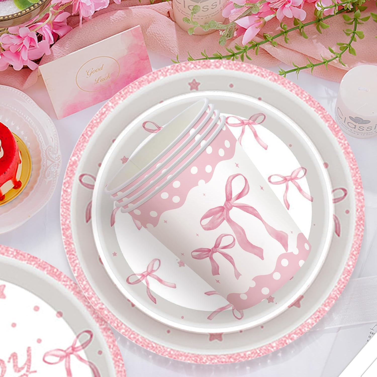 PEKGLOW 84Pcs Bow Party Supplies Pink Bow Plates Napkins Tableware Bowknot Dinnerware for Women'S Coquette Birthday Party Supplies Paper Plates Bachelorette Engagement Pink Birthday Decoration