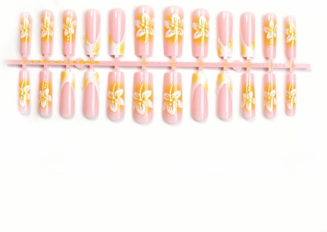 24Pcs French Tip Press on Nails, Ink Green Chinese Style Fake Nails, Almond French Tip Press on Nails for Women/Girl (Yellow, 24Pcs) image number 4