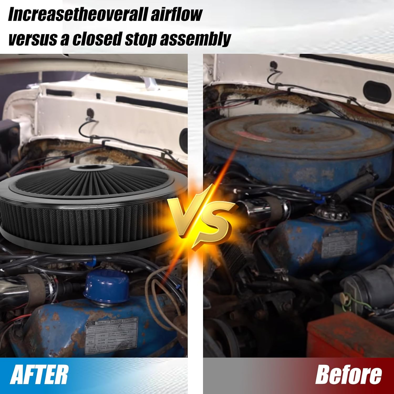 RYANSTAR RACING 14" X 3" round Air Cleaner Filter Assembly Kit Includes Flow-Thru Lid Washable Air Filter Element Compatible with Chevy Ford GMC Black image number 4