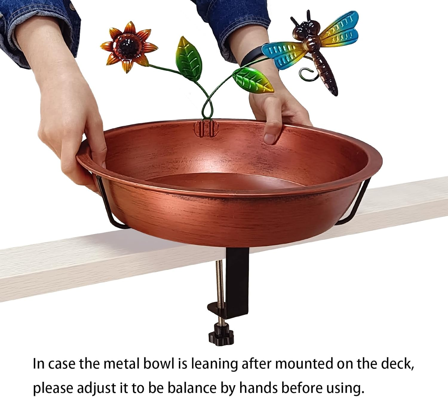 Deck Bird Bath for Outside, 13 Inch Large Antique Copper Metal Birdbath Bowl with Adjustable Big Steel Clamp, Backyard Bird Feeders/Baths for Railing Balcony Fence Yard Art Garden Decor image number 3