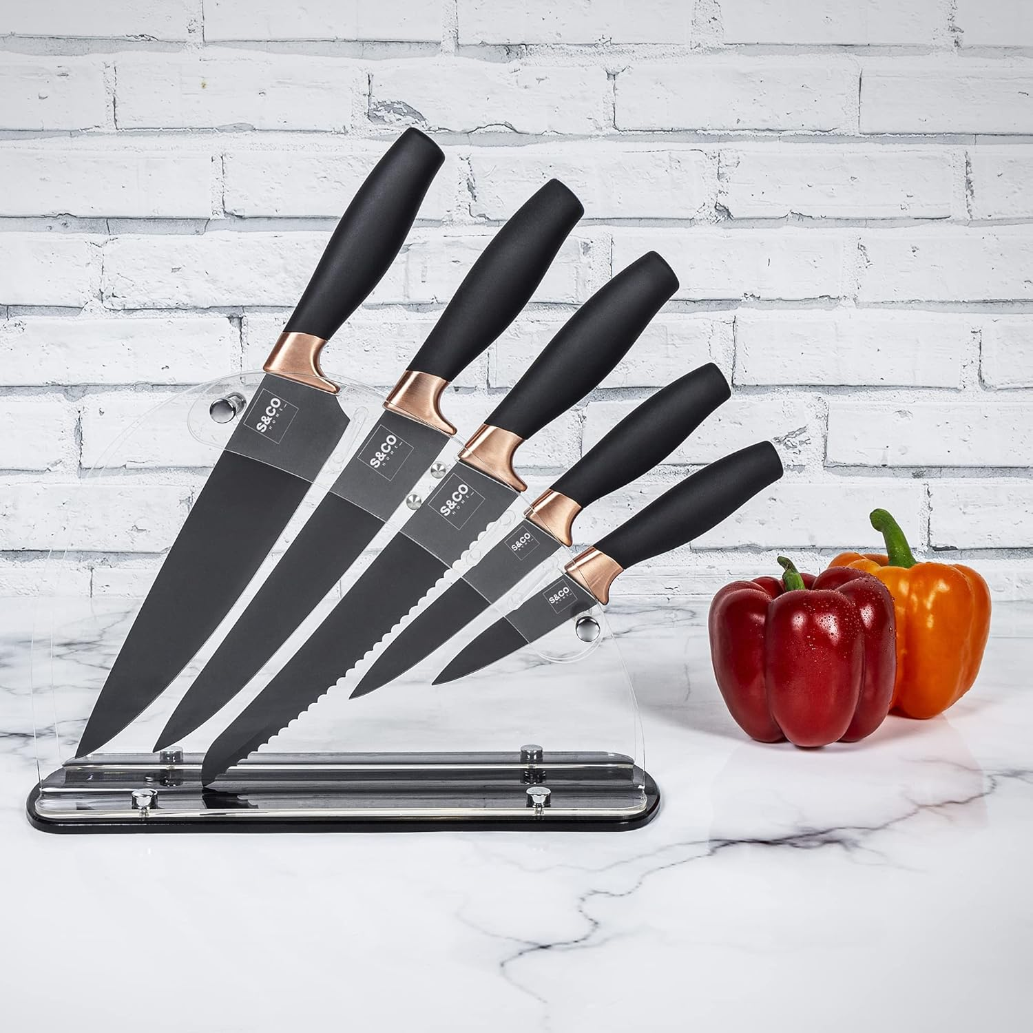 S & Co. 6 Pcs Kitchen Knife Set with Acrylic Block - Super-Sharp Steel Knives with Non-Stick Coating - Chef, Bread, Carving, Utility, Paring Knives - Stylish Cooking Tools with Black, Rose Gold Handle image number 2