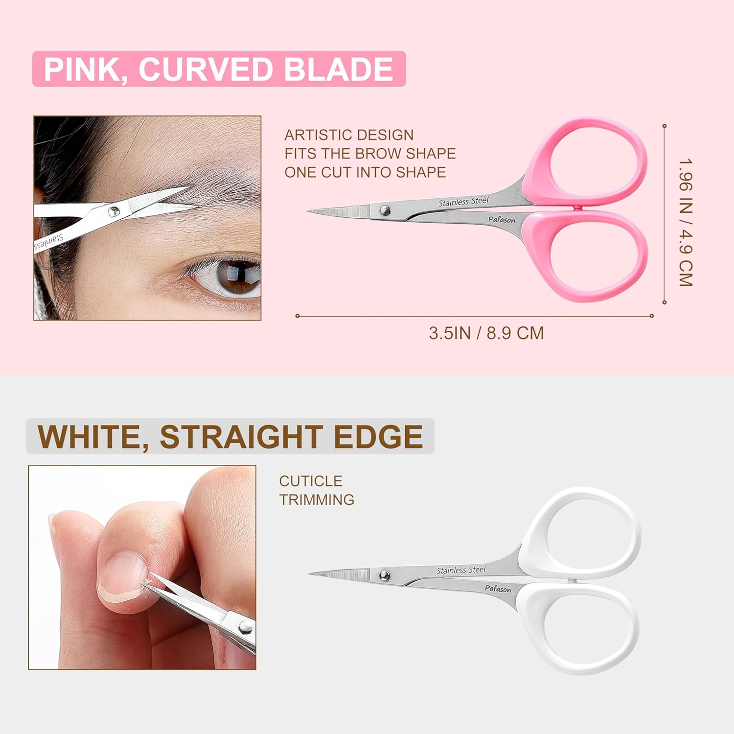 PAFASON Stainless Steel Curved and Straight Beauty Cosmetic Eyebrow Grooming Scissor Set with Safety Cap for Trimming Shaping Eyelash Extensions image number 6