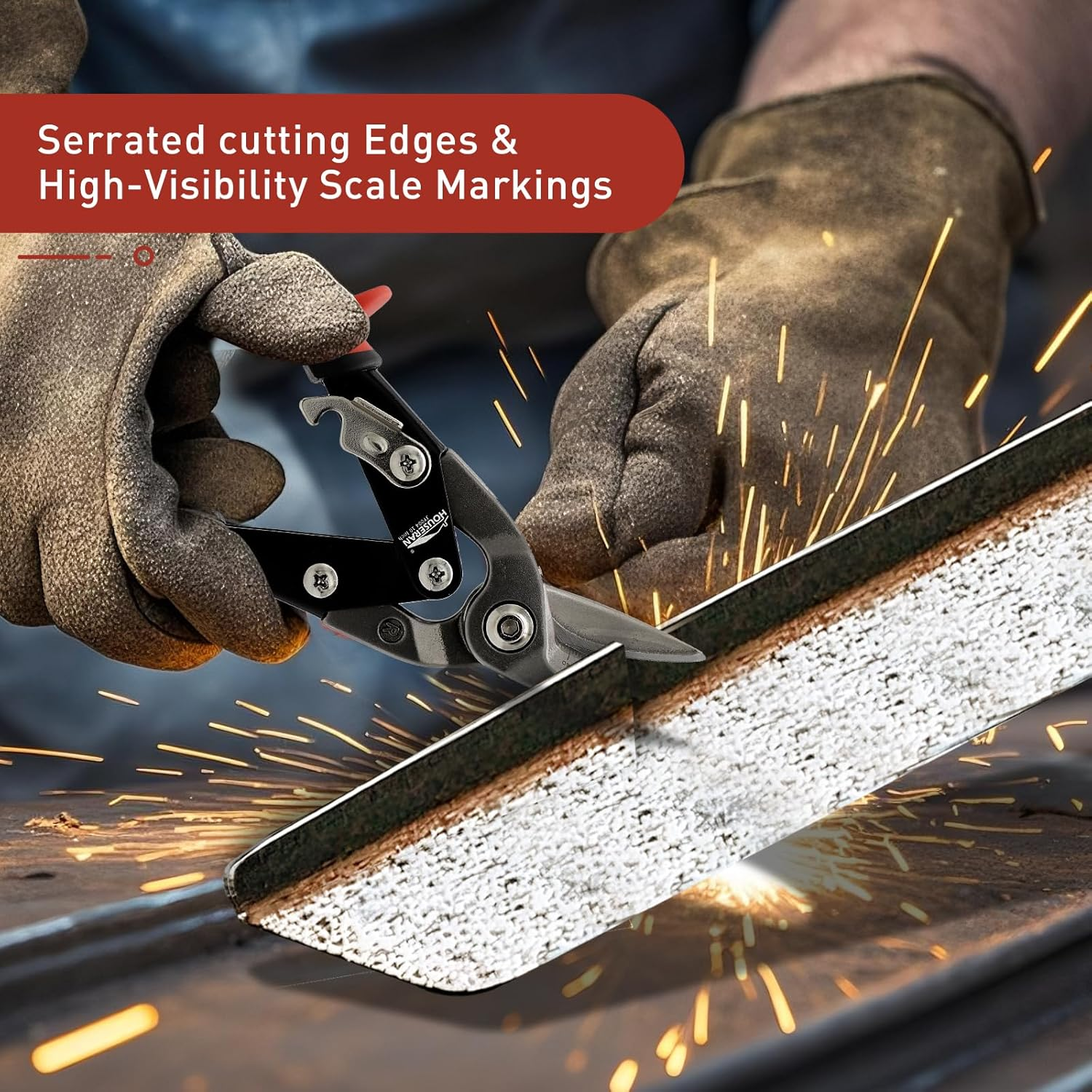 HOUSERAN 10 Inch Tin Snips, Right Cut Offset Aviation Snips, Heavy Duty CR-V Metal Cutter with Double Lever, Scale Markings & Safety Lock, Tinner Shears Scissors for Cutting Metal Sheet - Jy003 image number 4