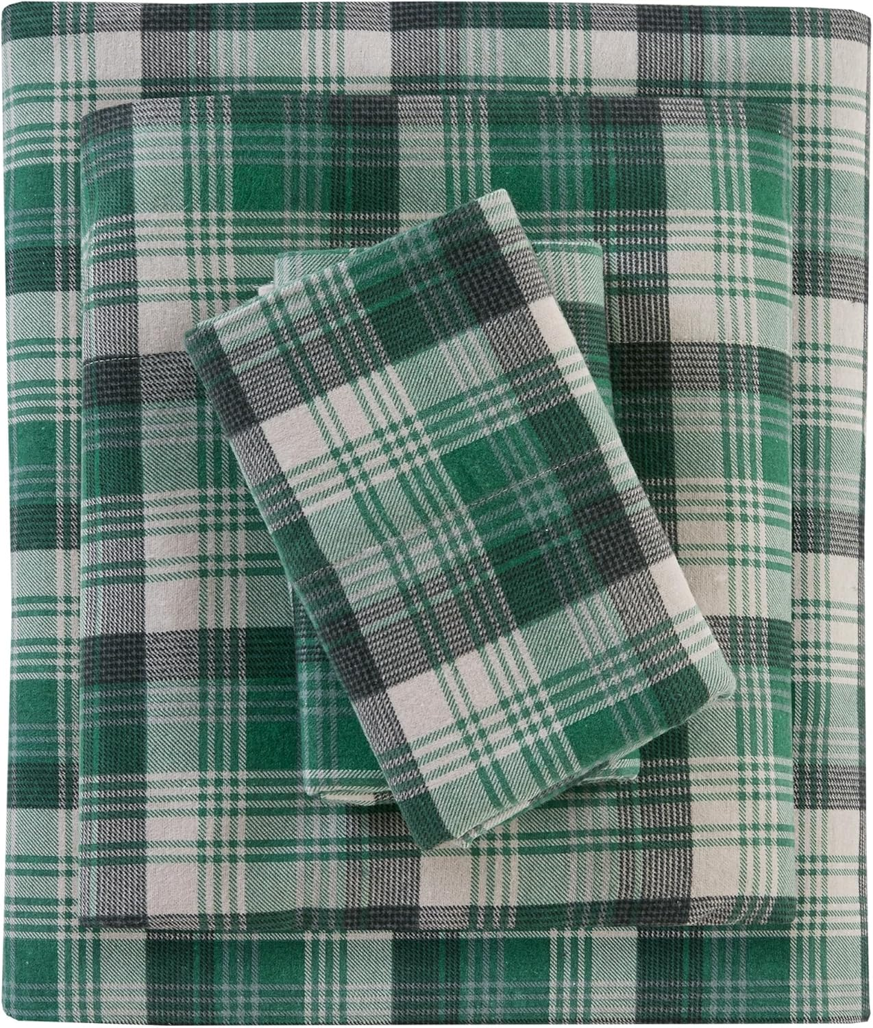 Woolrich Flannel 100% Cotton Sheet Set Warm Soft Bed Sheets with 14" Elastic Pocket, Cabin Lifestyle, Cold Season Cozy Bedding Set, Matching Pillow Case, Queen, Green Plaid, 4 Piece