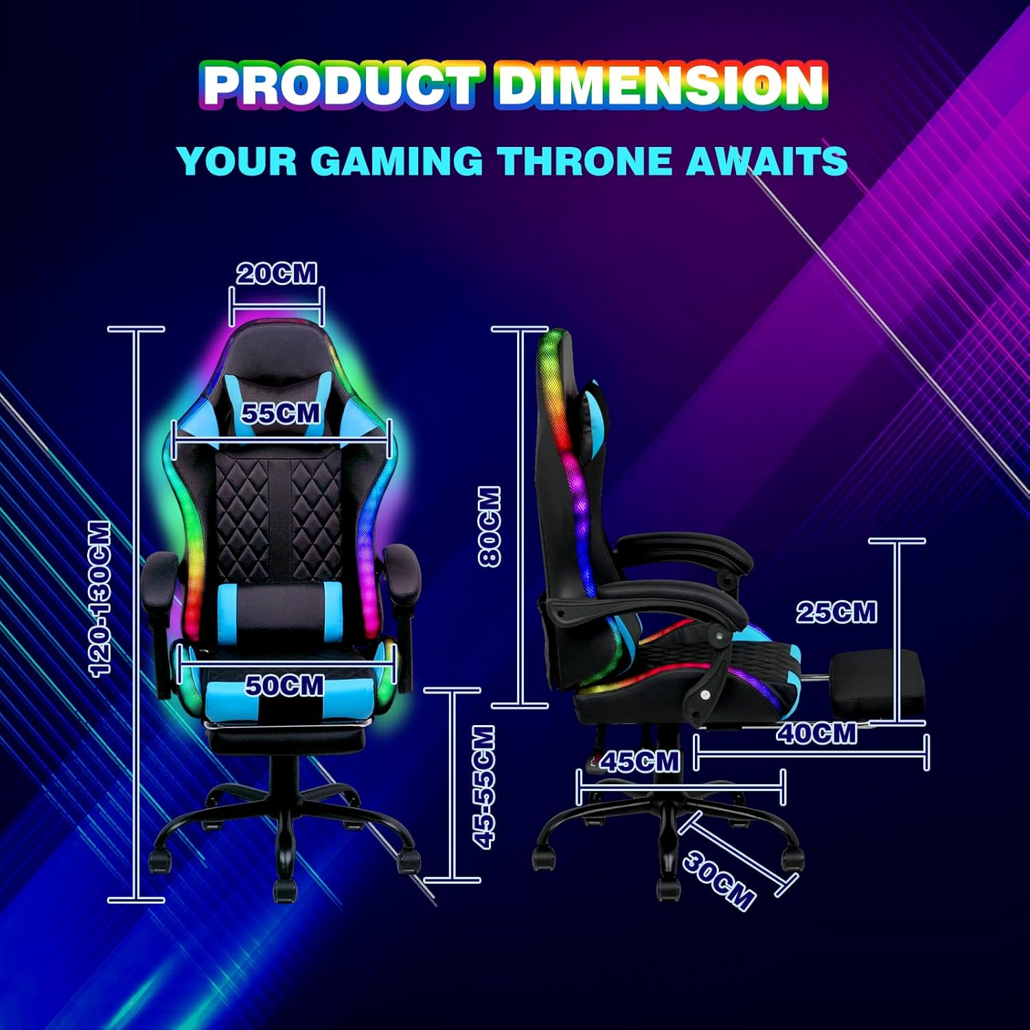 Advwin Gaming Chair with Massagers and LED Lights, Executive Office Chair with 135&deg; Recline, Racing Computer Chair with Footrest, Lumbar Support, Adjustable Height and High Back (Black & Blue) image number 5