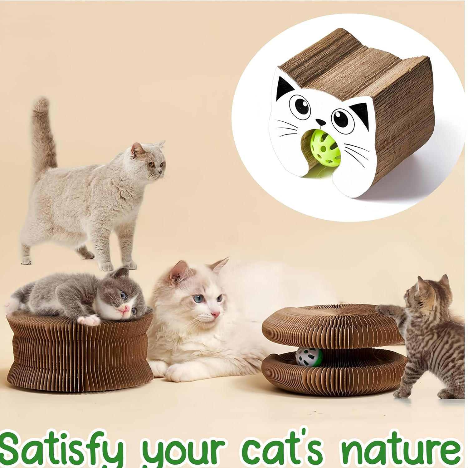 Febohao Cat Scratcher Board Post Portable Pet Interactive Cat Accordion Toy with Ball for Indoor Protect Sofa from Cat Scratching image number 3