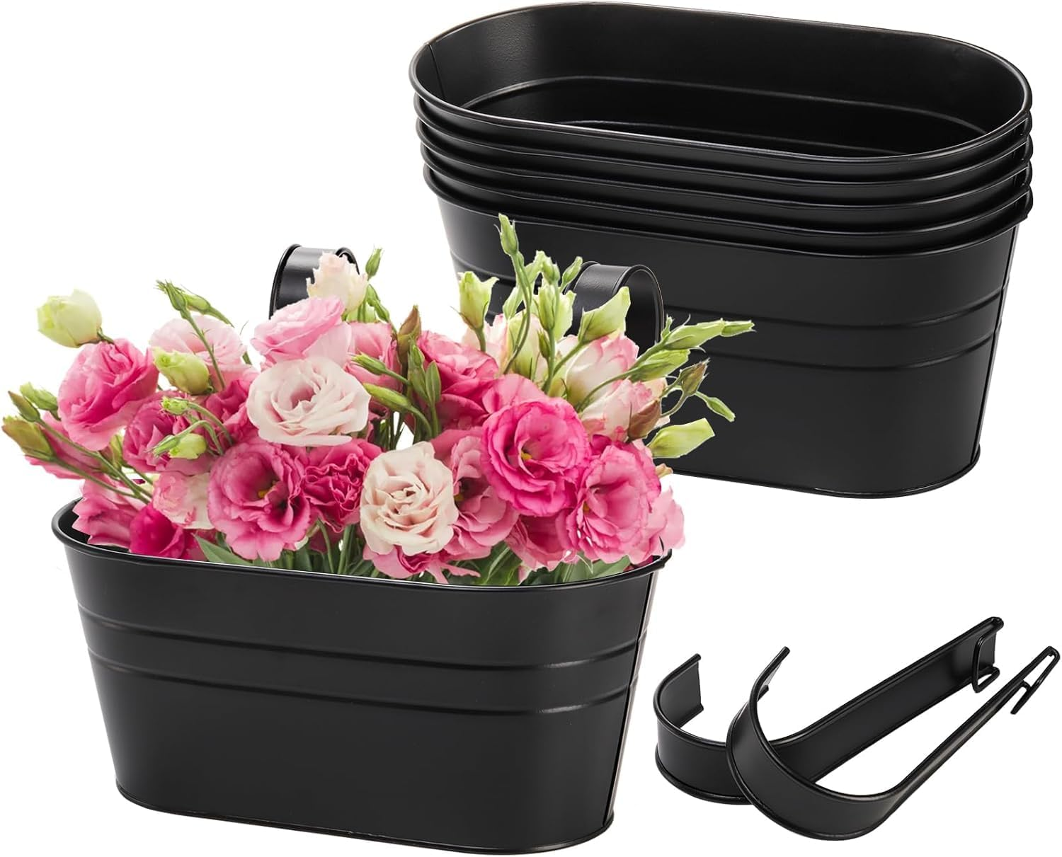 Hanging Metal Flower Pots with Detachable Hooks &ndash; 5 Pack Outdoor Balcony Planters with Drainage Holes for Garden, Fence, and Porch Decoration (Black)